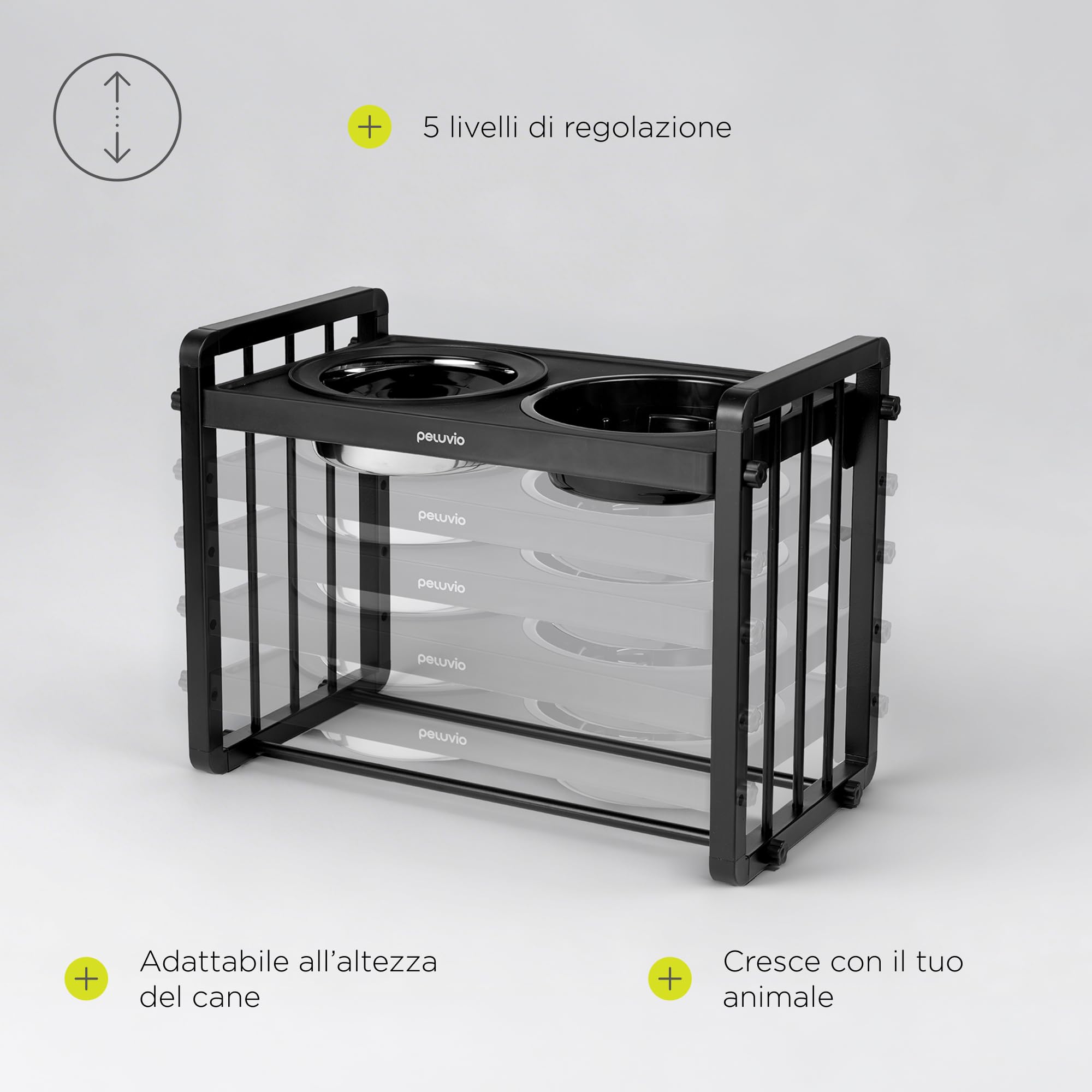 LEVEE Ciotole Rialzate per Cani Piccoli, Medi e Grandi, Ciotole | Regolabili in Altezza con 5 Livelli, Supporto in Metallo Stabile, Slow Feeder 1100 ml e Ciotola Acqua 1450 ml, Anti Schizzo