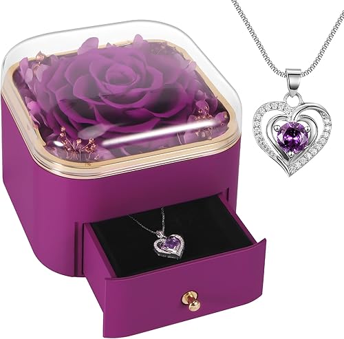 Joyero de regalo de rosas moradas reales preservadas, flor de rosa eterna real con collar para mujeres, día de la madre, día de San Valentín,