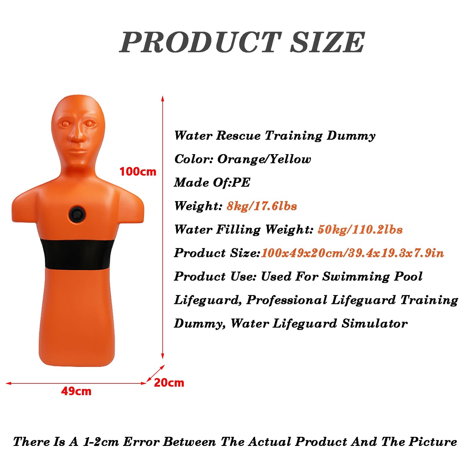 Pool Rescue Training Dummy, Drowning Prevention Teaching Tool, 39.4-inch Tall Drowning Rescue Equipment with 3 Water inlets/outlets, Suitable for Teenagers and Adults.(Yellow)