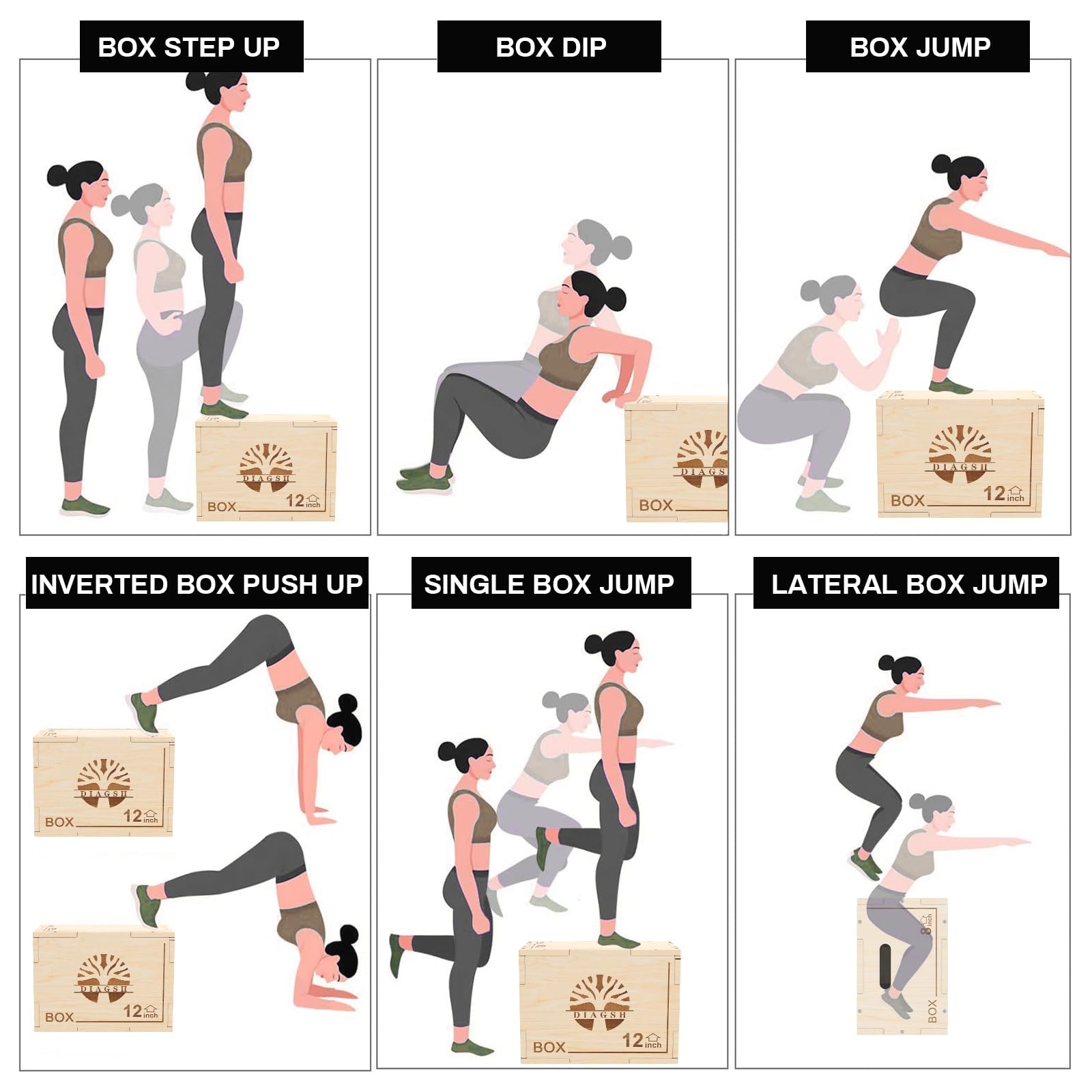 Plyo Box - Plataforma pliométrica de madera 3 en 1 (20 x 16 x 12 pulgadas) para entrenamiento de gimnasio en casa, ideal para saltos, sentadillas y acondicionamiento, 1 pieza