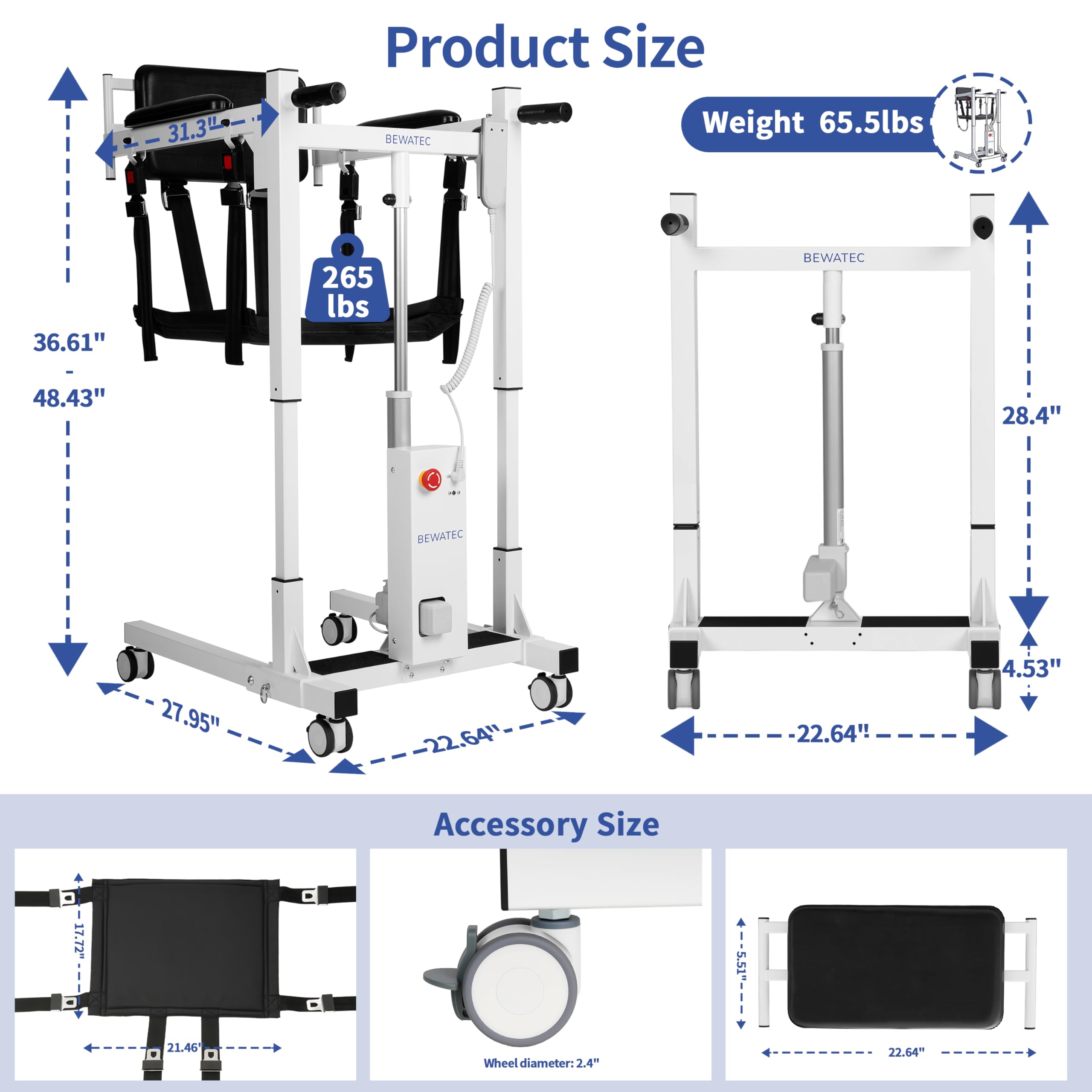 BEWATEC Hydraulic Transfer Lift Chair, Folding Portable Transfer Lift Wheelchair, Patient/Disabled/Seniors Lift Aid for Home, Nursing Home, Car