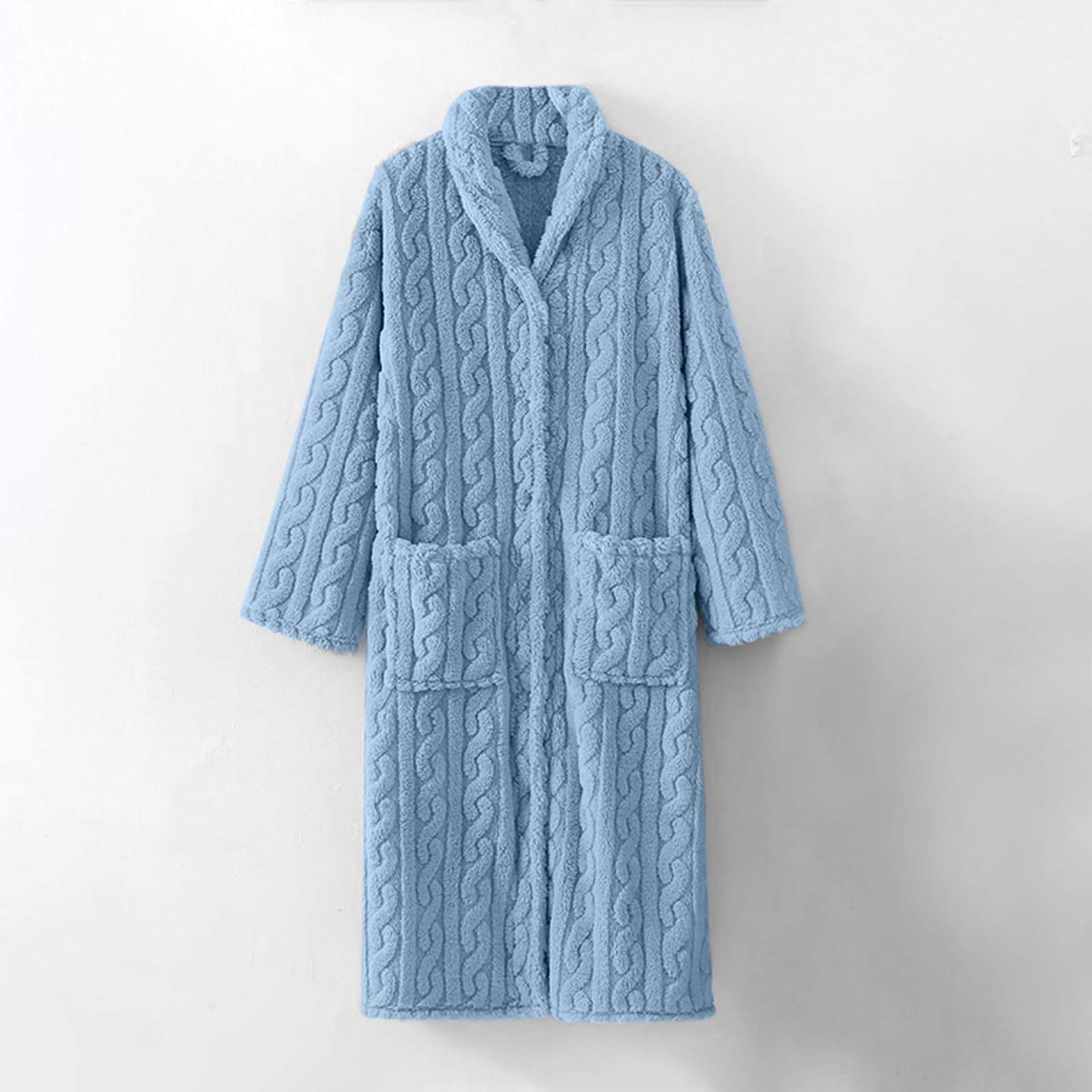 Generisch Bata de casa para mujer, cálida, bata larga de forro polar, bata monocolor, bata de casa de franela con botones, camiseta gruesa y cálida, con bolsillos, albornoces