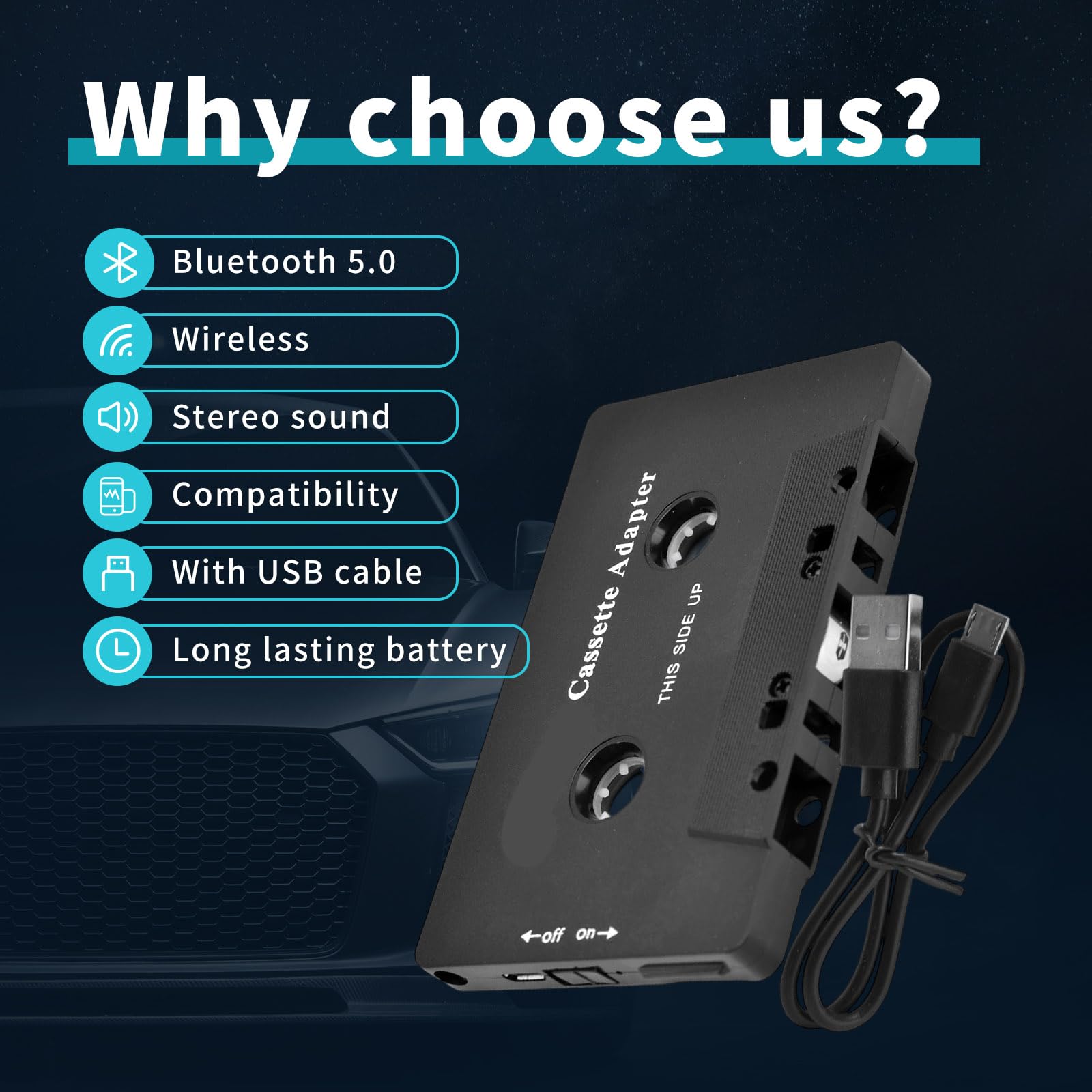 Adattatore Cassetta Autoradio BT 5.0, Cassetta Adattatore da Auto, Adattatore Bluetooth per Cassette, Ricevitore Audio Wireless Bluetooth per Ricevitore di Cassette Bluetooth per Auto con Cavo USB