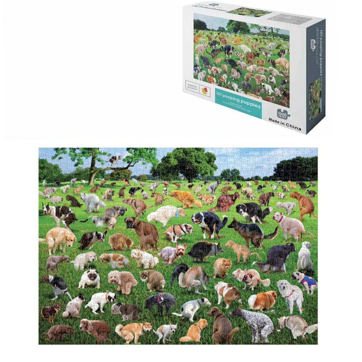 Voulliy 1000 Piece Puzzle, 101 Pooping Puppies Jigsaw Puzzles, Funny Gift Dogs Pooping Puzzle, Interesting Stress Reduction Jigsaw Puzzles, Funny Holiday for Children Adults (A)