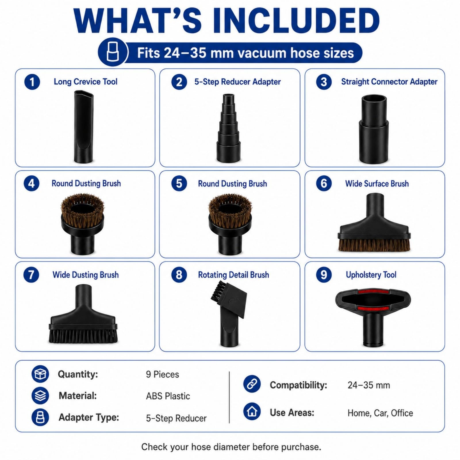 Staubsauger Zubehör Set 9Teile für Miele Dynamic U1 Powerline 41HCE001USA | 5-Stufen Adapter | 9 Multifunktions-Düsen | Rosshaarbürsten,Fugendüse,Polsterdüse | Für Viele Staubsauger | Robustes ABS