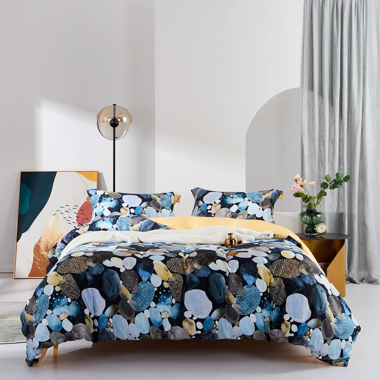 Creative Product MILDLY Bedding Duvet Cover Sets Queen Size, Colorful Painting Pattern Yellow Queen Comforter Cover 100% Egyptian Cotton Beeding Set(No Comforter)