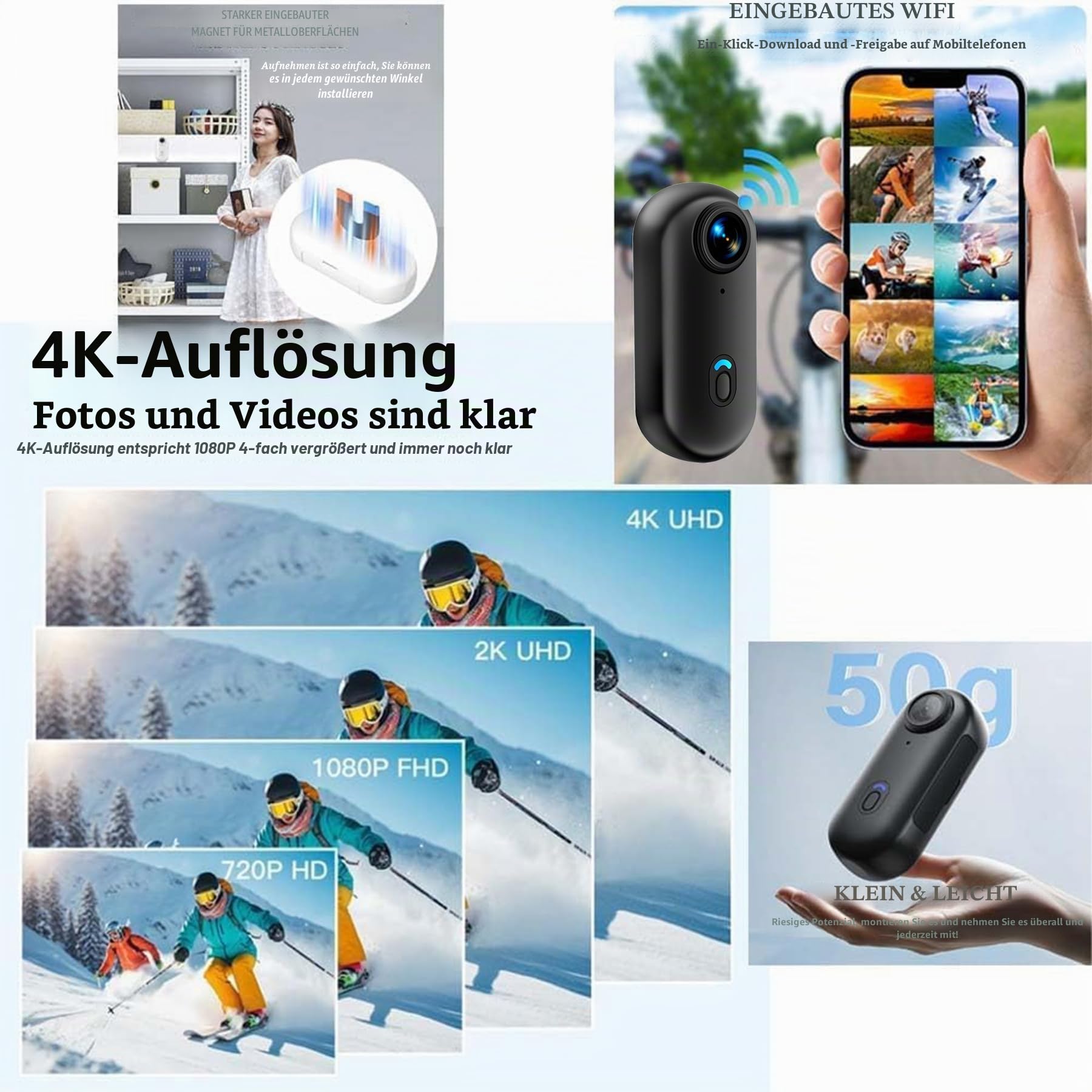 Mini Action Cam 4K,Tragbare Kamera mit 360° Drehbarem Clip und Magnetclip,Wasserdichter 4K-Körperkamera,Motorrad Kamera,Immersive Aufnahmen fürs Radfahren, Spazierengehen mit Tieren (B-schwarz)