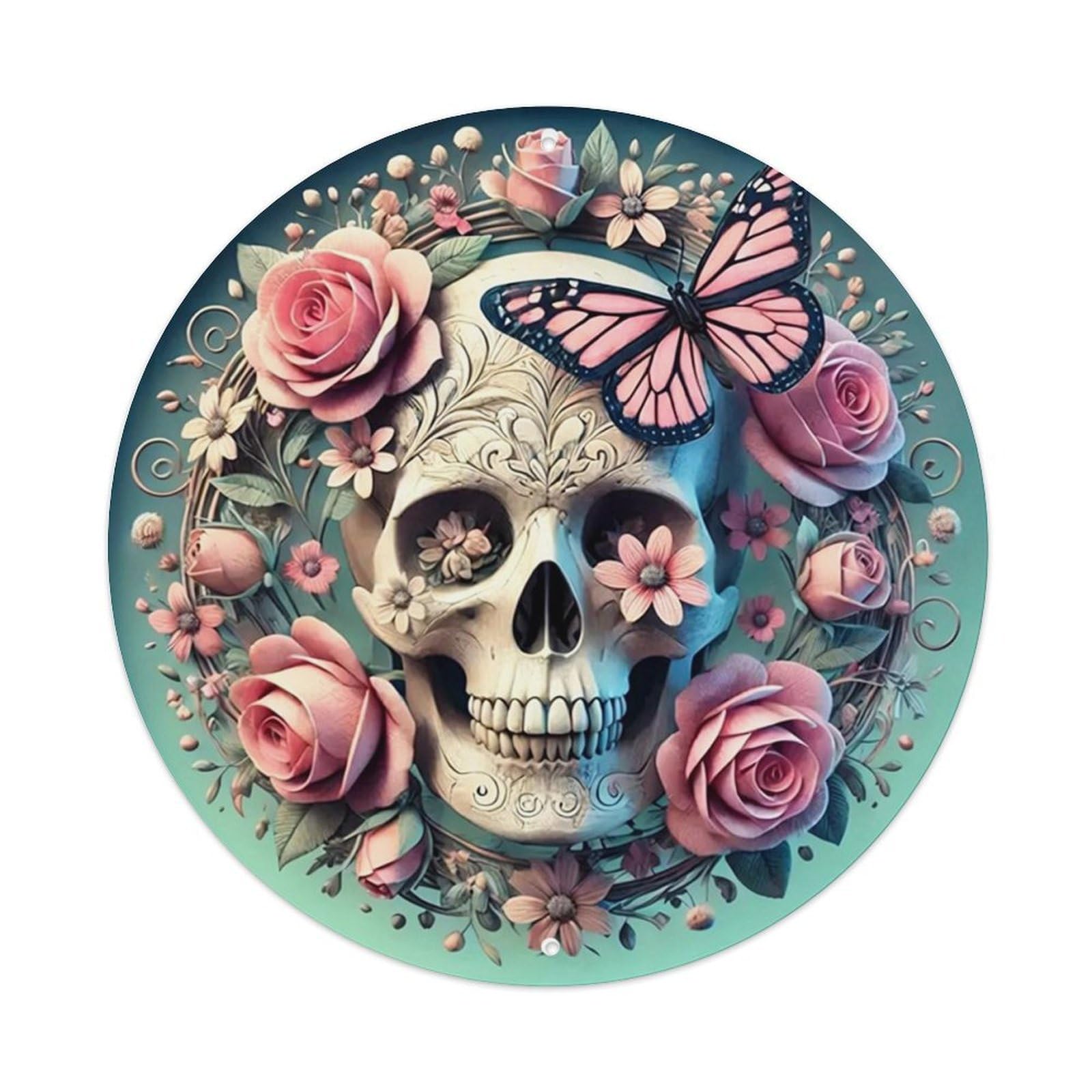 Skull Roses Butterfly Floral Art Tin Sign Metal Poster Vintage Metal Signs for Home Man Cave Bar Cafe Kitchen laundry room Wall Decorations Gift 8x8Inch