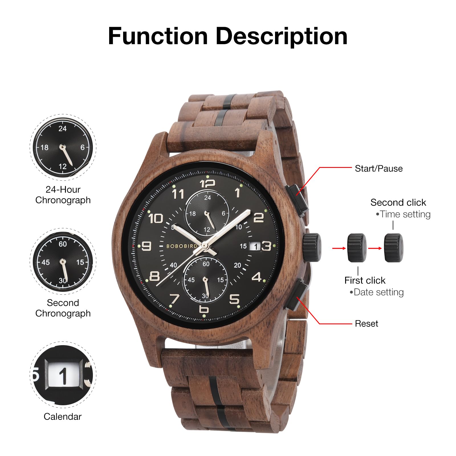 BOBO BIRD Orologio da polso da uomo, in legno, con cronografo, al quarzo, multifunzione, realizzato a mano, leggero ed elegante, ideale per il lavoro e il tempo libero, ottima idea regalo