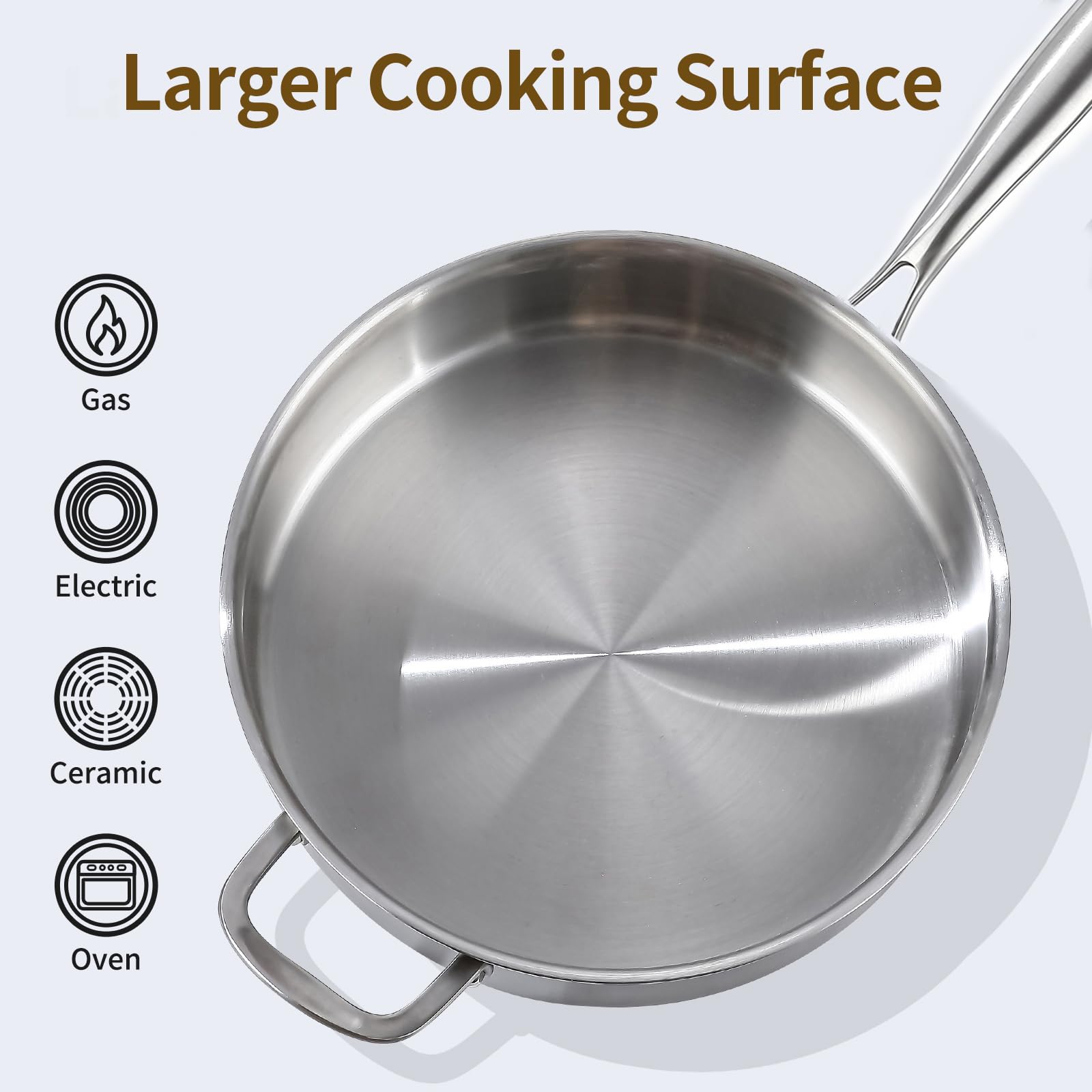 DELARLO Sartén de acero inoxidable de tres capas de 7 cuartos de galón, sartén de 30.5 cm de profundidad con cubierta de acero, sartén grande de cocina, estilo resistente, compatible con todas las