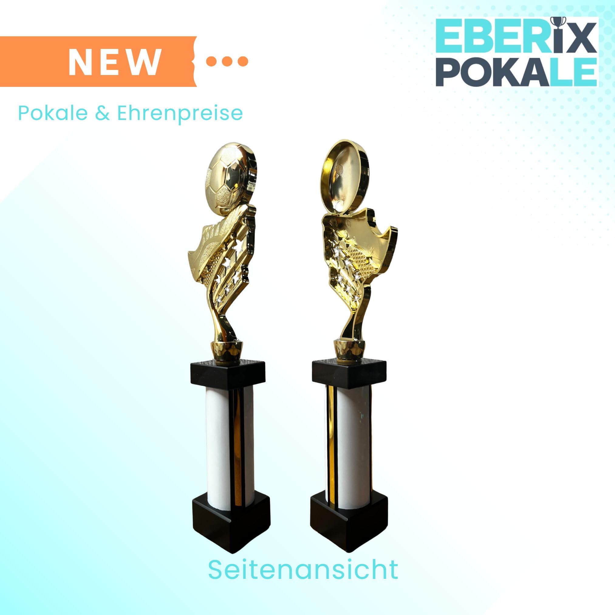 eberix · Fußball Pokal · mit Wunschgravur · Trophäe mit weißer Glanzsäule inkl. Gravur · Siegerpokal für Fußballturnier, Vereinsmeisterschaft, Jugendfußball · personalisierbar ·