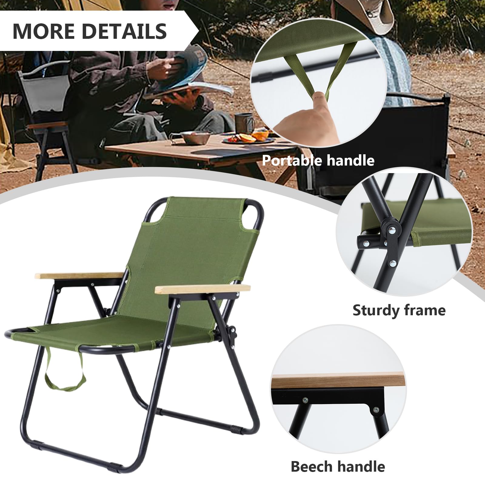 Chaise Camping Pliante, Fauteuil Pliant Camping avec Accoudoirs en Bois, Chaise de Peche pour Balcon, Pêche, Pique-Nique et Randonnée (Vert)