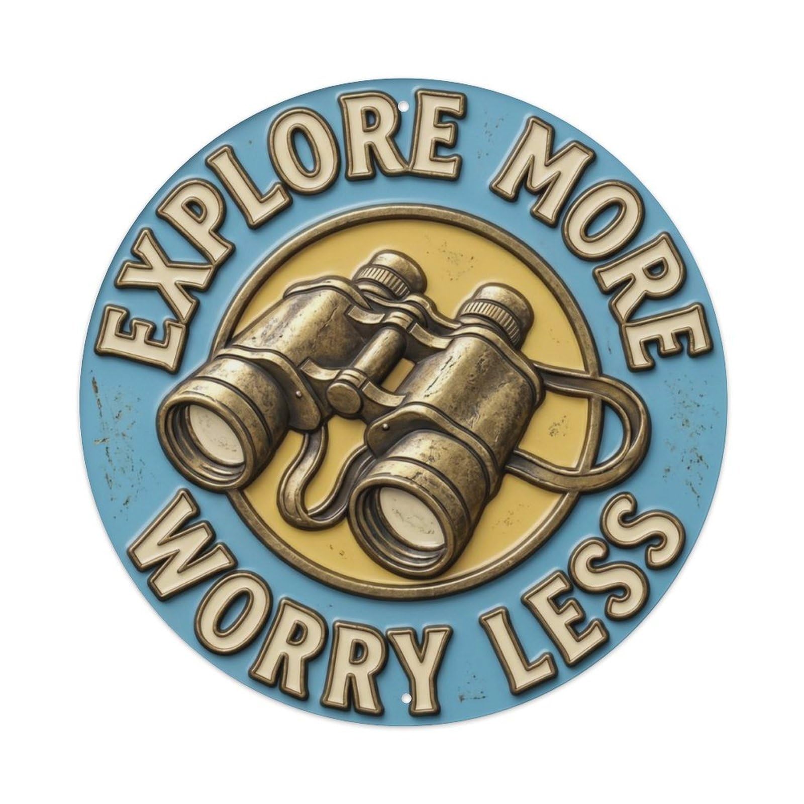 Fqcyn Style Explore More Worry Less Classic Hanging Ornament Retro Slogans Metal Tin Sign Plaque Wall Decor For Cafe, Club Bar, Office, Home Garden Round Metal Poster 8X8inch