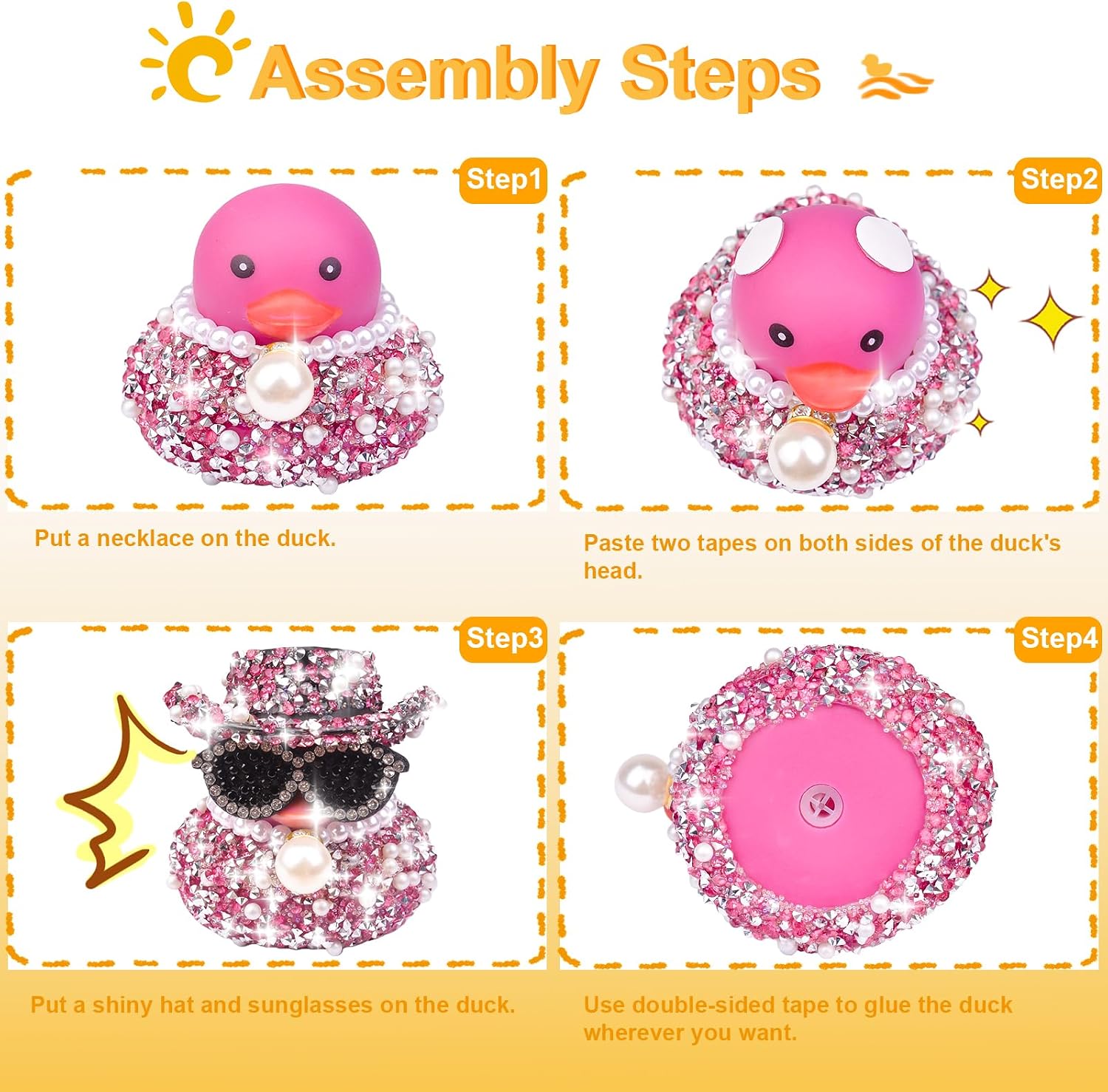 Diamond Rubber Duck Car Ornaments, 6PCS Color Shiny Ducks Car Dashboard Decorations for Cool Car Accessories with Mini Cowboy Hat Necklace Sunglasses