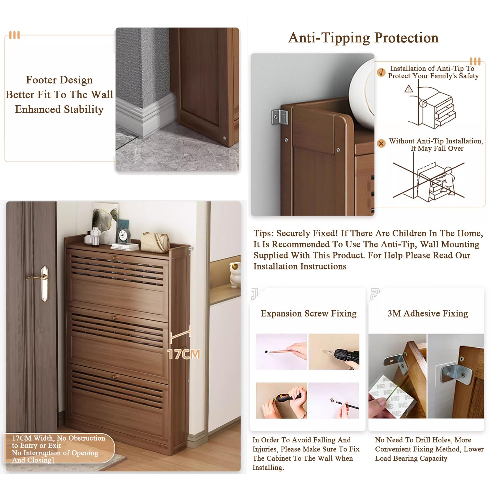 Armario Zapatero Estrecho De Bambú, Mueble Zapatero con 2/3 Puertas Abatibles, Zapateros Estrechos Y Altos para Pasillo De Casa, Dormitorio Y Recibidor, Ancho 17cm