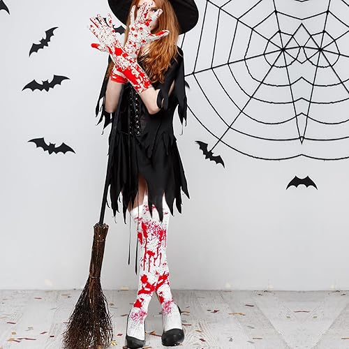 Miniatura 6 de Famiredo Calcetines altos y guantes para disfraz de Halloween, 1 par de guantes manchados de sangre y 1 par de calcetines manchados de sangre para