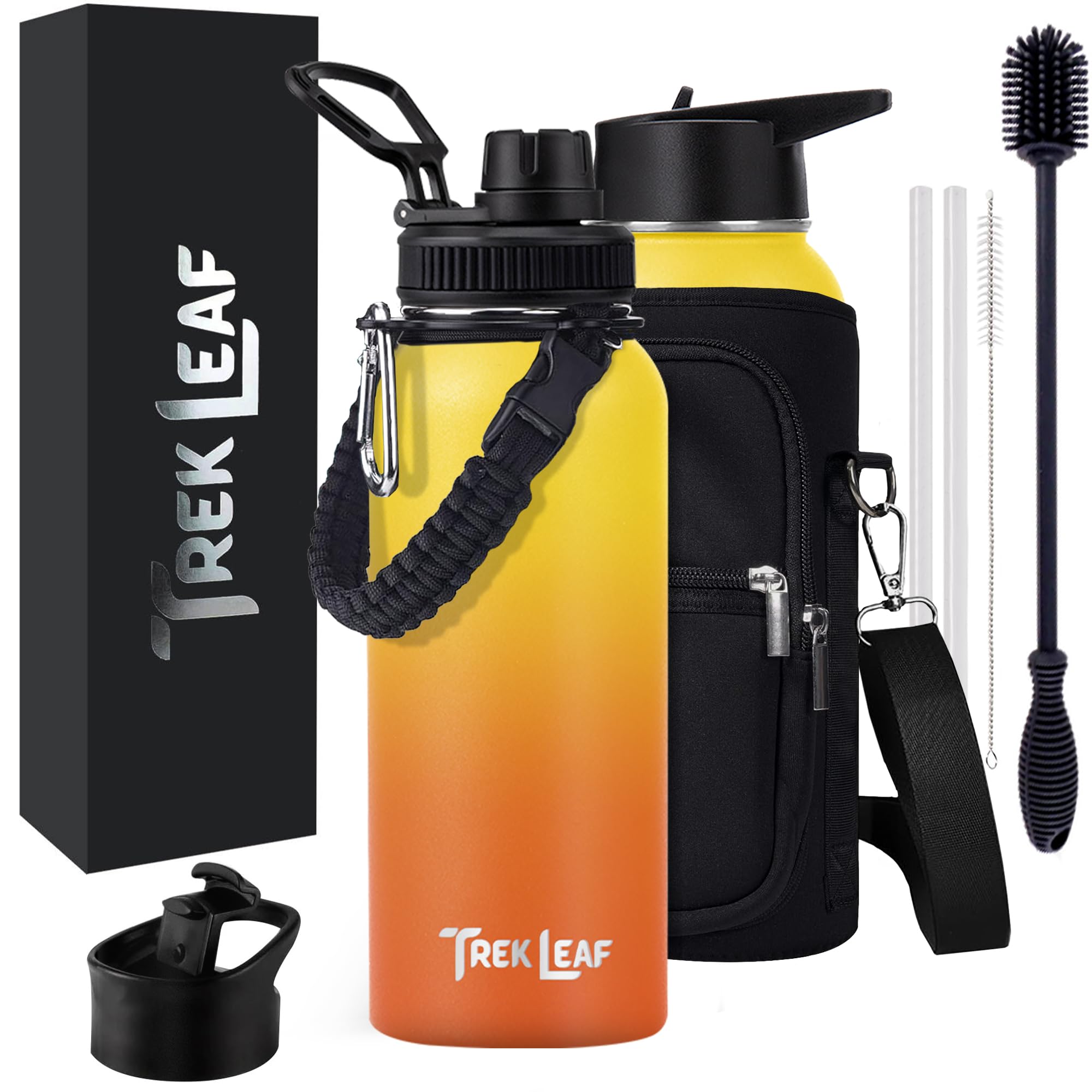 Reise-Wasserflasche mit 3 Deckeln (Auslauf, Strohhalm, Klapp), auslaufsicher, hochwertig, vakuumisoliert, Edelstahl (Sunrise, 907.2 g)