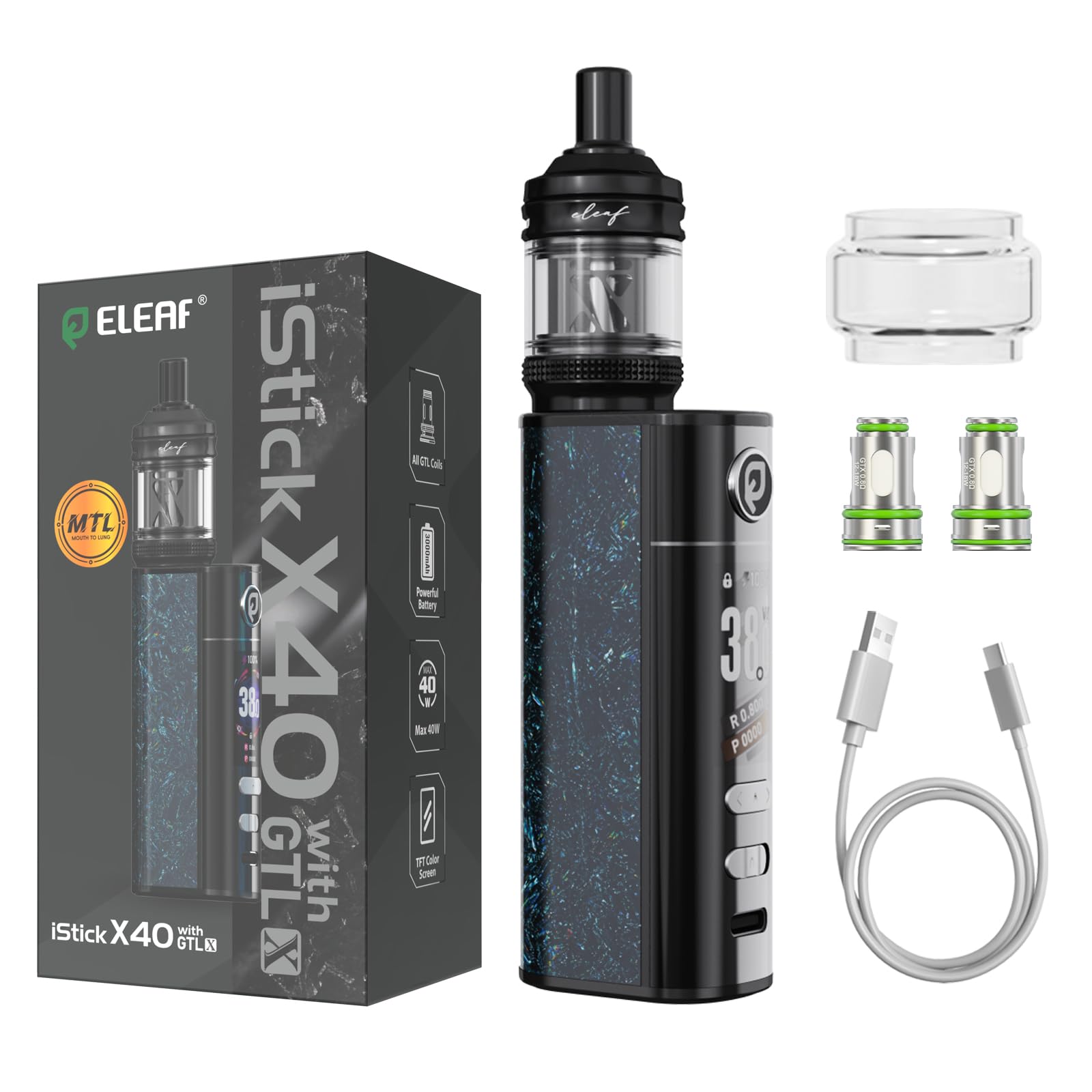 Eleaf iStick X40 + GTL X Tank Kit 3000mAh 40W vape mit austauschbarem Akku nikotinfrei Schwarz