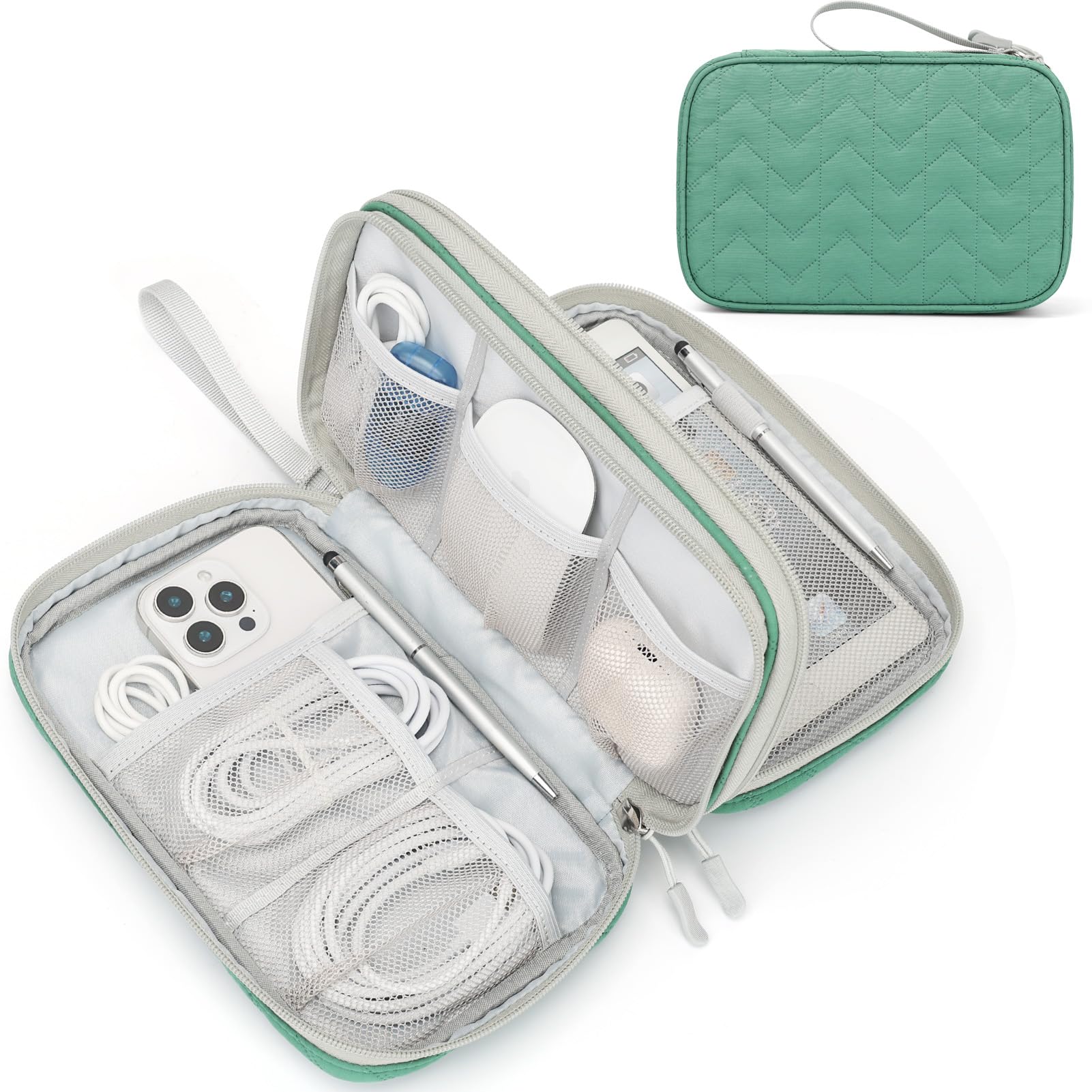 FYY Electronic Organizer, Large Travel Cable Organizer Bag Pouch Electronic Accessories Carry Case Portable Waterproof Double Layers All-in-One Storage Bag for Cable, Cord, Charger, Pattern Green Large Green-Pattern