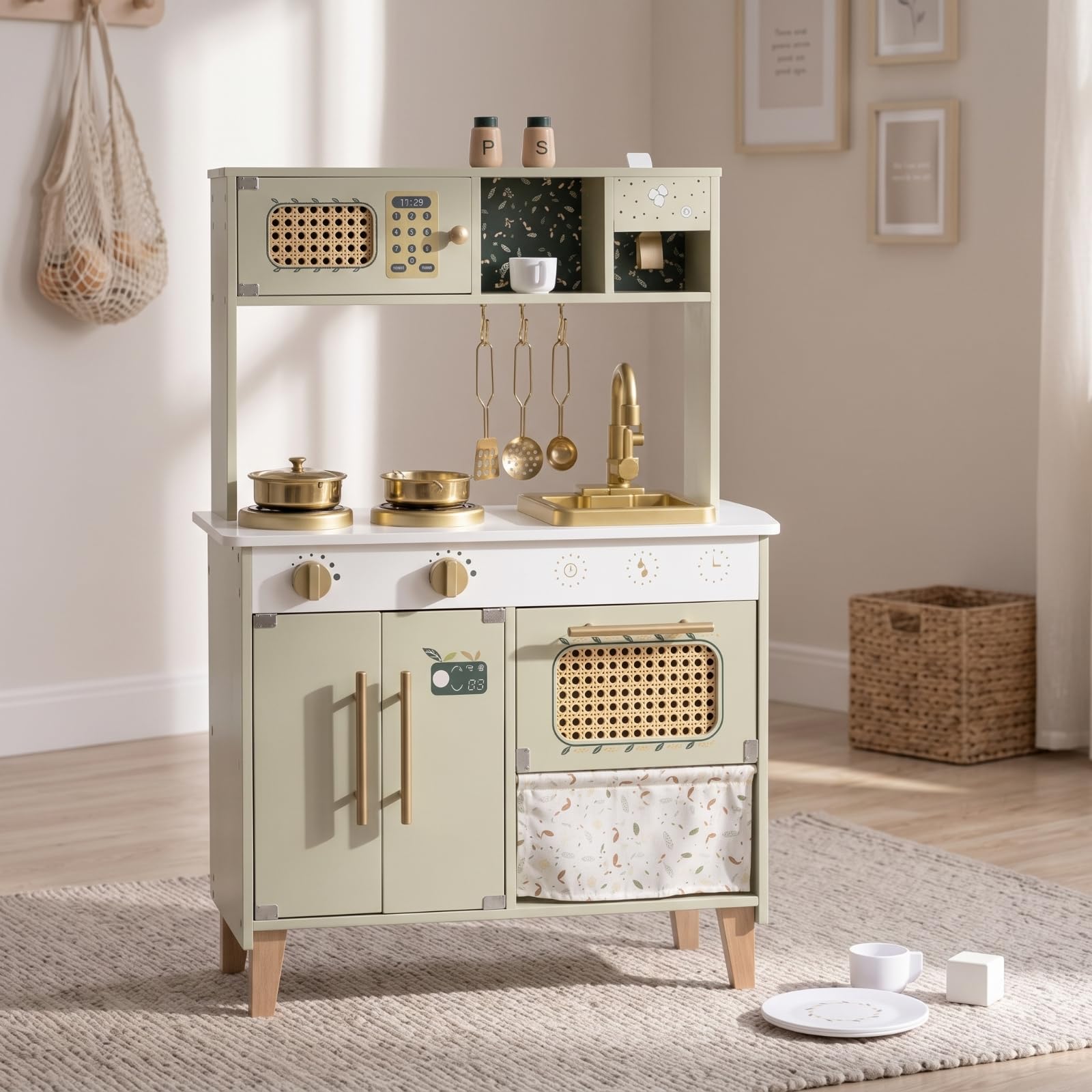 Cucinotta in Legno per Bambini Robusta Resistente, Giocattolo con Accessori, Scandinavo, in Legno, per Cameretta, stanza giochi, Asilo