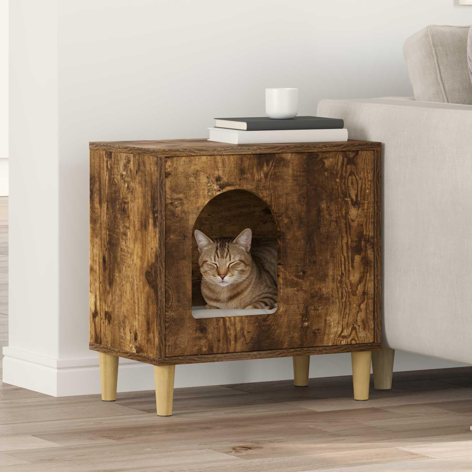 Katzenhaus Holzwerkstoff Geräucherte Eiche 51 x 30 x 52 cm | Stabiler Rückzugsort fürs Wohnzimmer ausHolzwerkstoff mit 60 kg Belastbarkeit und minimalistischem Design.