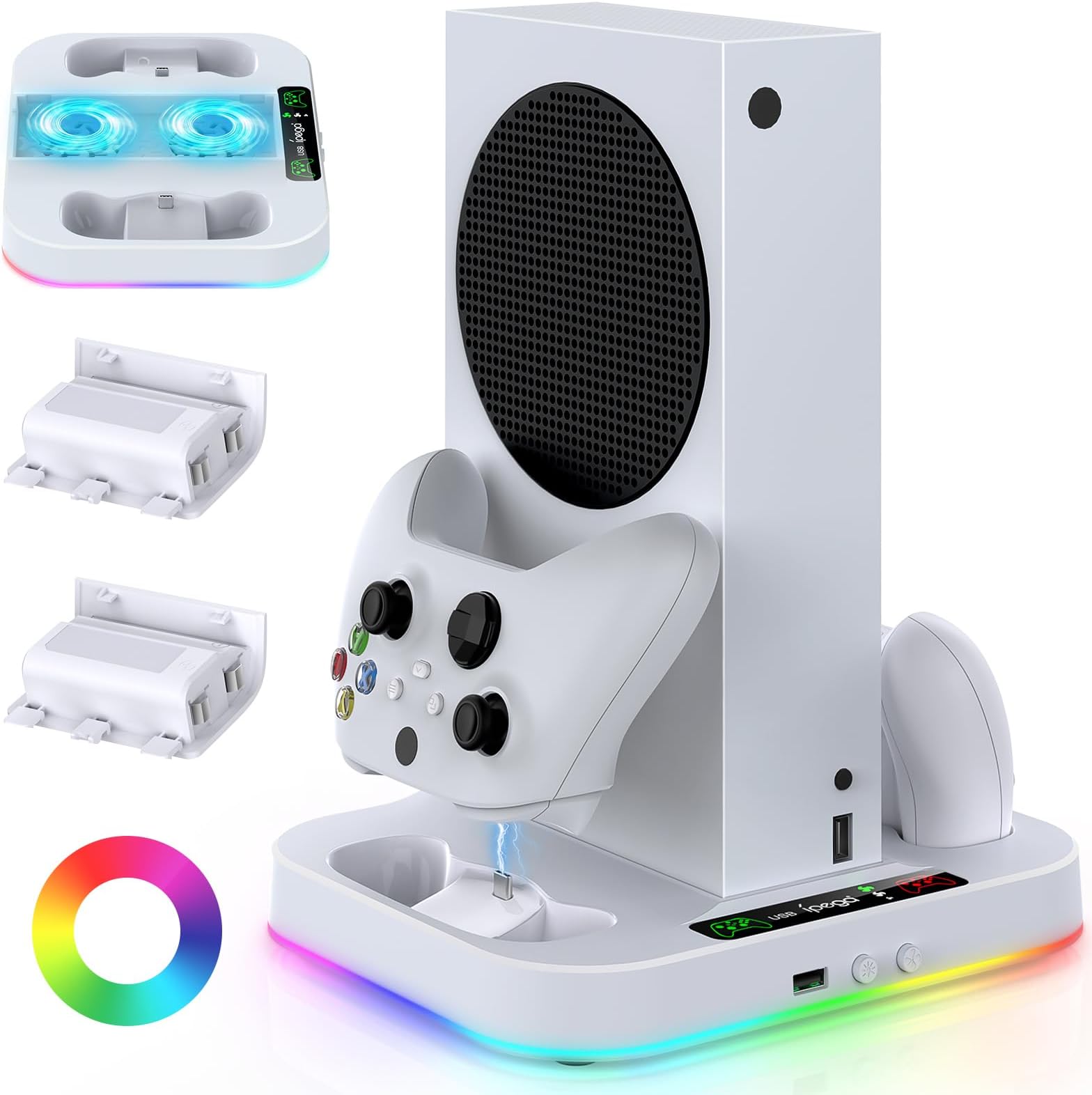 - Cooling Stand for Xbox Series S Console with 15 Light Modes, MENEEA Dual Fast Charger Station with 2x1400mAH Batteries,Cooler System Accessories with 3-Speed Adjustable Fan, 2.0 USB Port