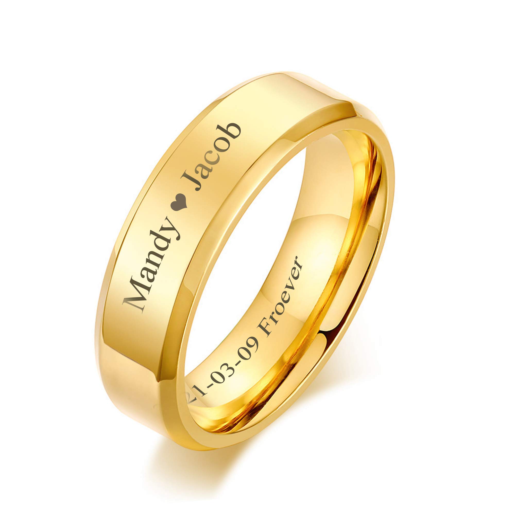 VNOX Customize Personalized Name Date Stainless Steel Simple Polished Finish Wedding Band Engagement Rings for Men Women,Size 6