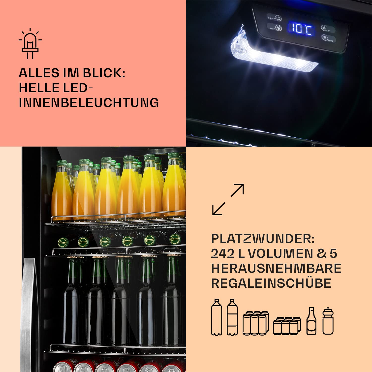 Klarstein Beersafe Getränkekühlschrank 242 L – Kühlschrank mit Glastür, Schwarz | LED-Beleuchtung, herausnehmbare Metallablagen, leise, Flaschenkühlschrank für Getränke & Dosen