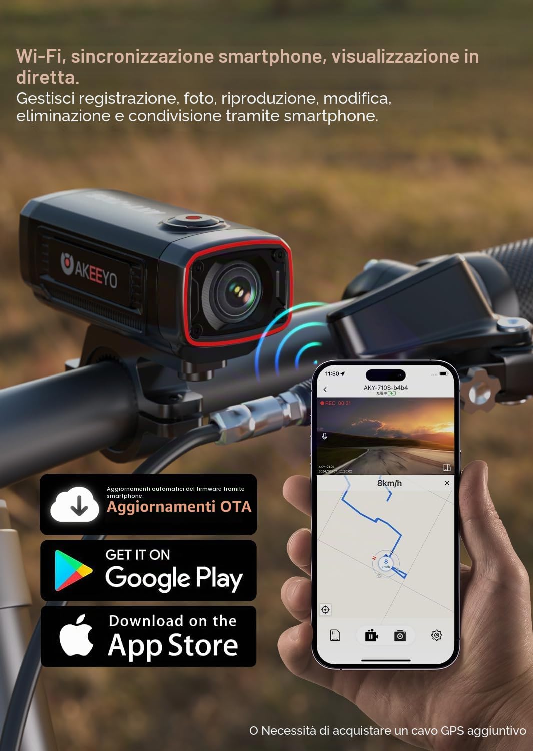 AKY-710S Telecamera per Bicicletta con Supporto, 4K 28fps, 2K 55fps, Grandangolo 142°, IP67, 5MP, Registrazione in Loop e di Emergenza, Monitoraggio del Parcheggio,Sport All'aperto, Scheda da 64 GB