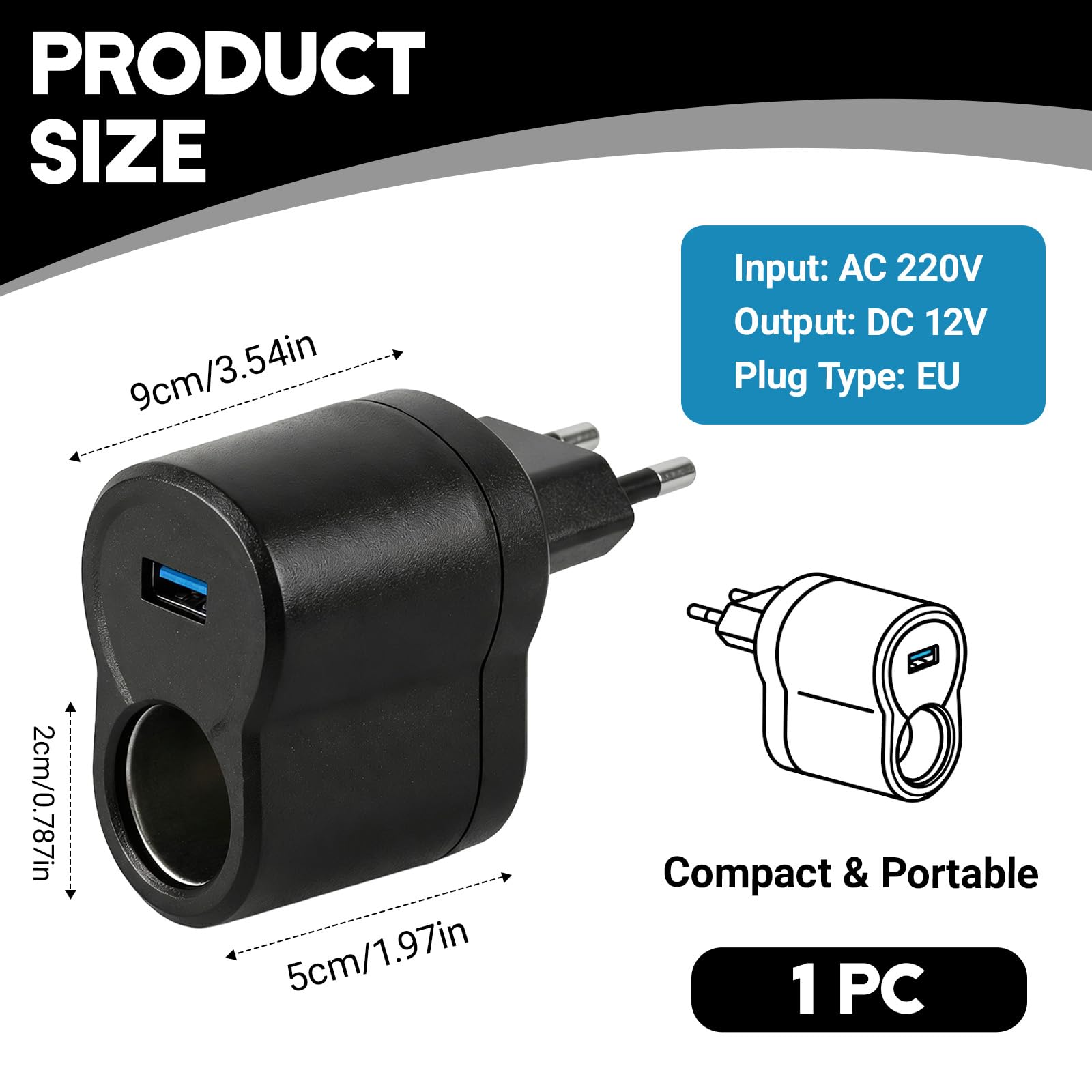 Transformador 220V a 12V para Coche, Adaptador Mechero Coche a Enchufe con USB, Convertidor de Corriente CA a CC 12V, Fuente de Alimentación para GPS, Dashcam y Dispositivos de Bajo Consumo - 2