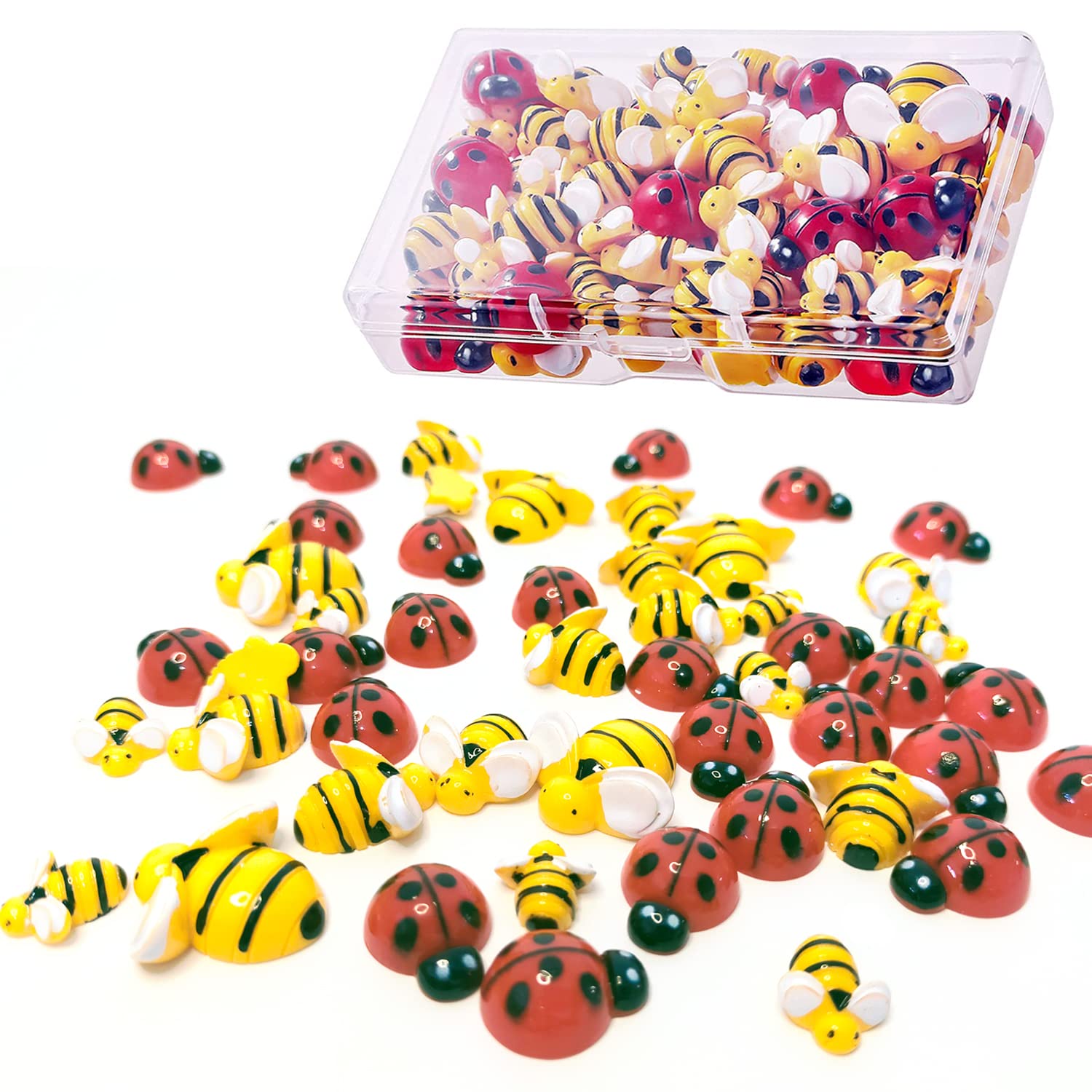 glacely 50 Pcs Tiny Resin Bees Ladybugs,Including 25 Pcs Resin Bee Ornaments 25 Pcs Resin Ladybugs Decors with Storage Box for DIY Crafts Wreath Party Home Decoration (50pcs)