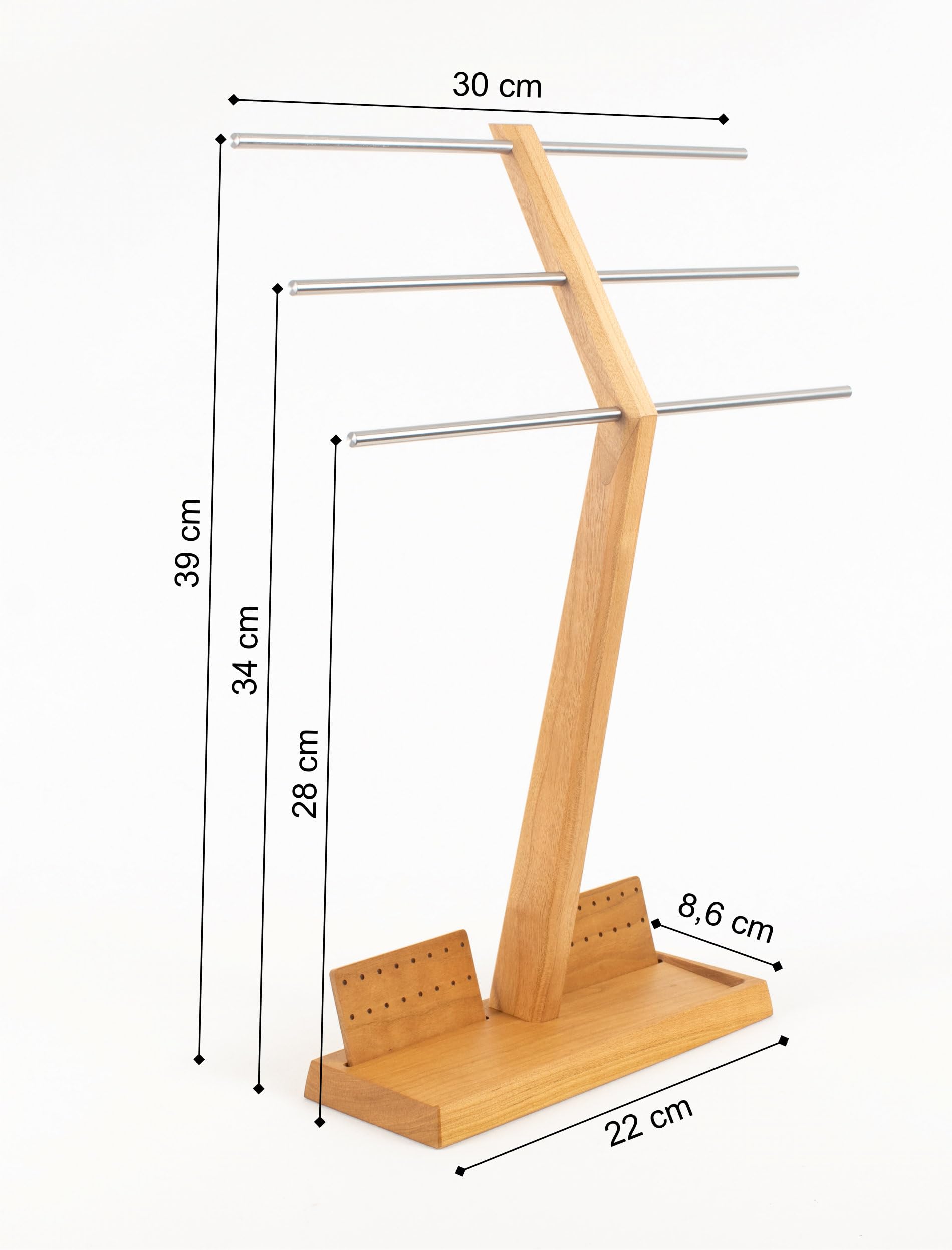 Wood and Steel Design - Schmuckhalter für Ketten, Ringe, Ohrringe, Ketten, Halsketten und Armbänder, 4 Ebenen, Kirschbaum Massivholz/Edelstahl