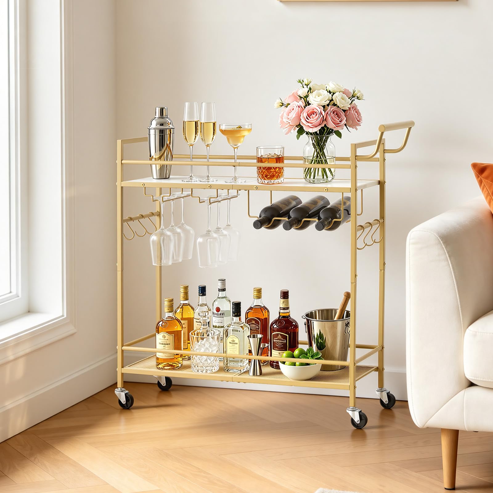 VEVOR Desserte Polyvalente, Chariot de Service pour Bar 2 Niveaux 86x30x83 cm, Rangement Vins Ustensiles Boissons Cuisine, Bar Roulant Étagères en Bois et Grillagée, avec Range-bouteilles Porte-verres