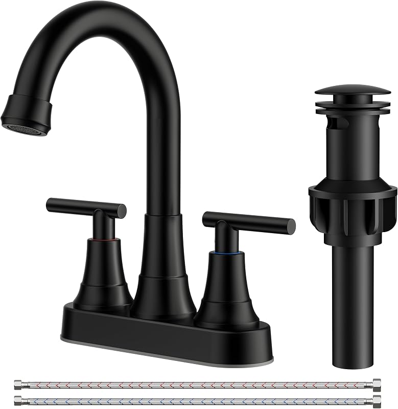 FORIOUS Matte Black Bathroom Faucets, 4 Inch Centerset Bathroom Sink Faucet | Rv Black Faucet for Bathroom Sink 2 or 3 Hole, Two Handle Vanity Faucet Centerset with Drain, Hose, 360° Spout for Restroom