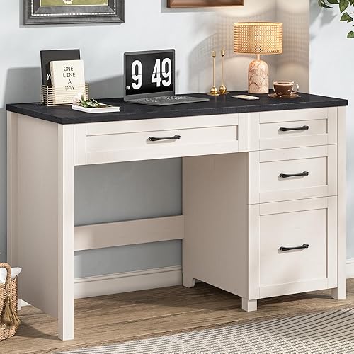 Vabches Escritorio ejecutivo Farmhouse de 47 pulgadas con 4 cajones, escritorio para computadora con cajón de archivos y estación de carga, estación