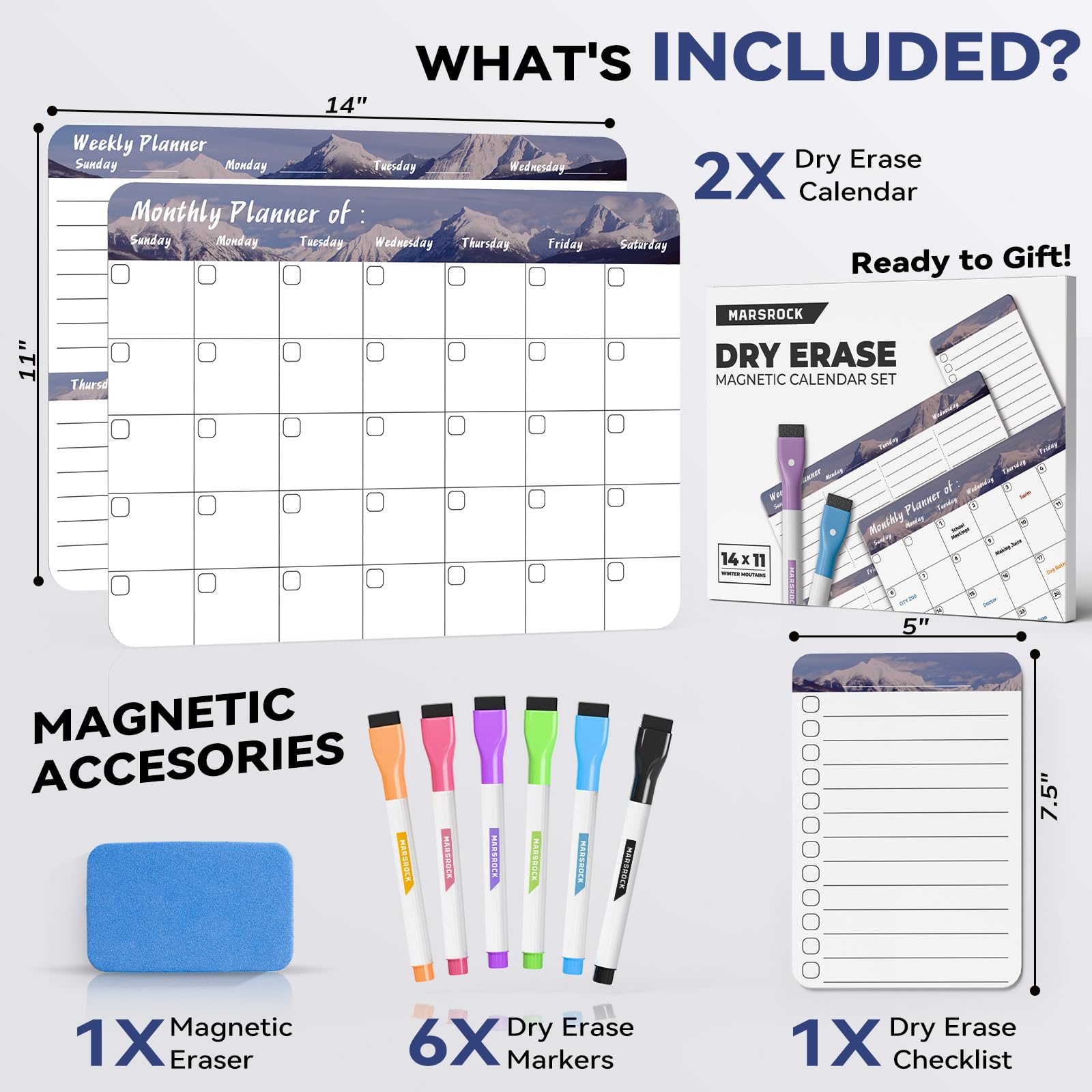 Marsrock Calendrier Magnétique Effaçable pour Réfrigérateur (Lot de 3) – Planning Mensuel, Hebdomadaire et Quotidien, Tableau Blanc Magnétique pour Frigo, Liste de Courses,35,5 x 28 cm,Gris