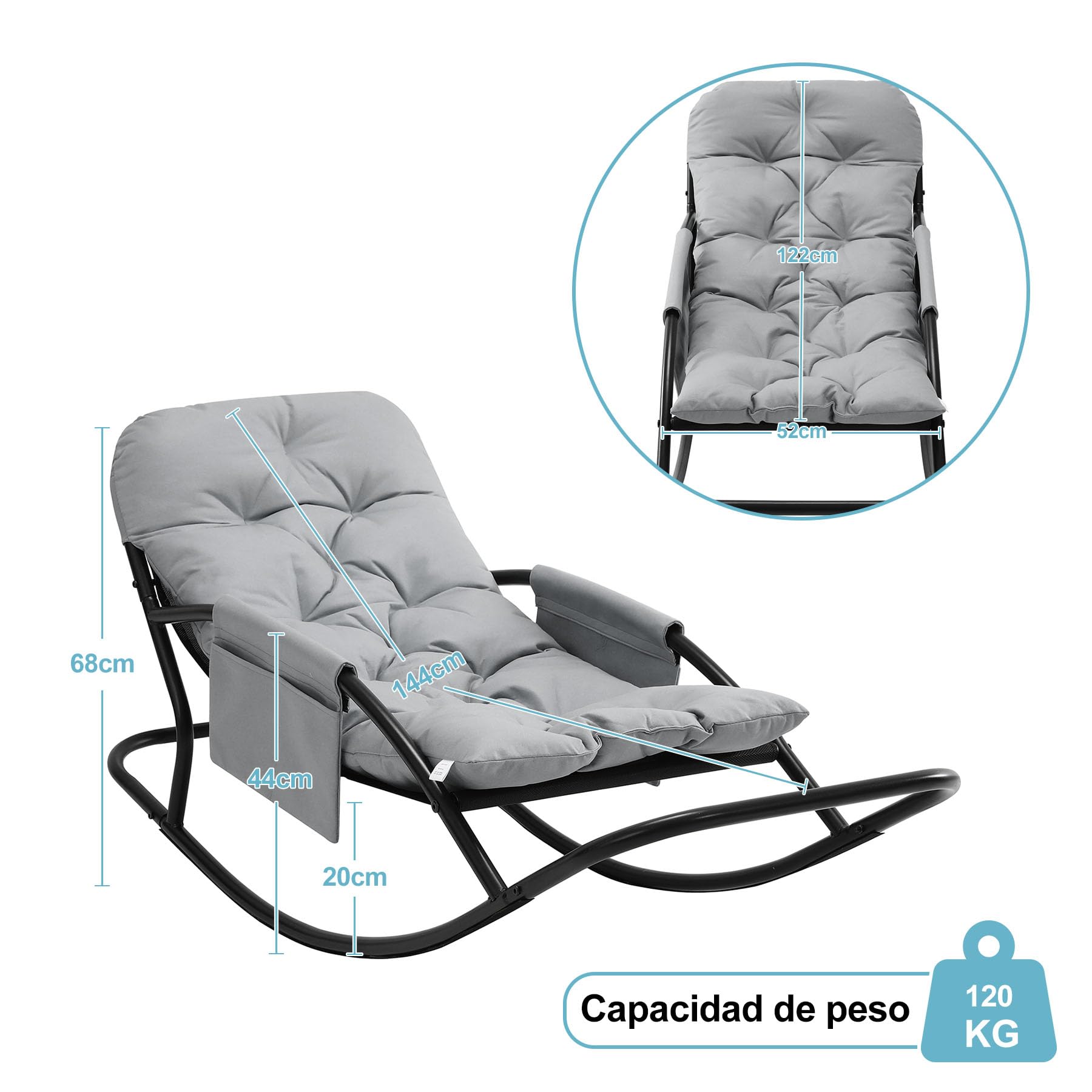 Sillón Mecedor Exterior, Silla Mecedora Papasan con Cojín y Estructura de Metal, Soporte para Pies, para Dormitorio, Salón, Terraza, Jardín, Balcón, Capacidad de Carga 120 kg, Tela técnica