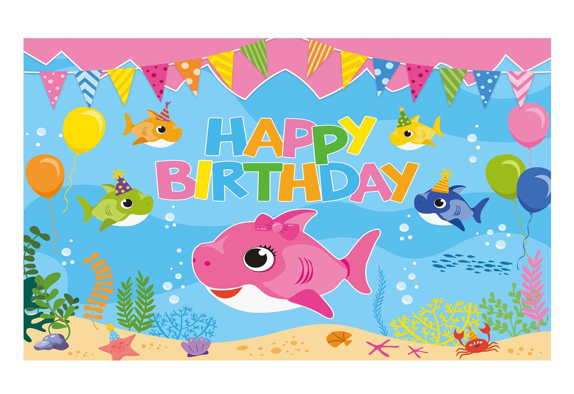 Allenjoy Cartoon Pink Shark Party Happy Birthday Theme Backdrop Photography Family Under The Sea Background for Girl Supplies Decoration