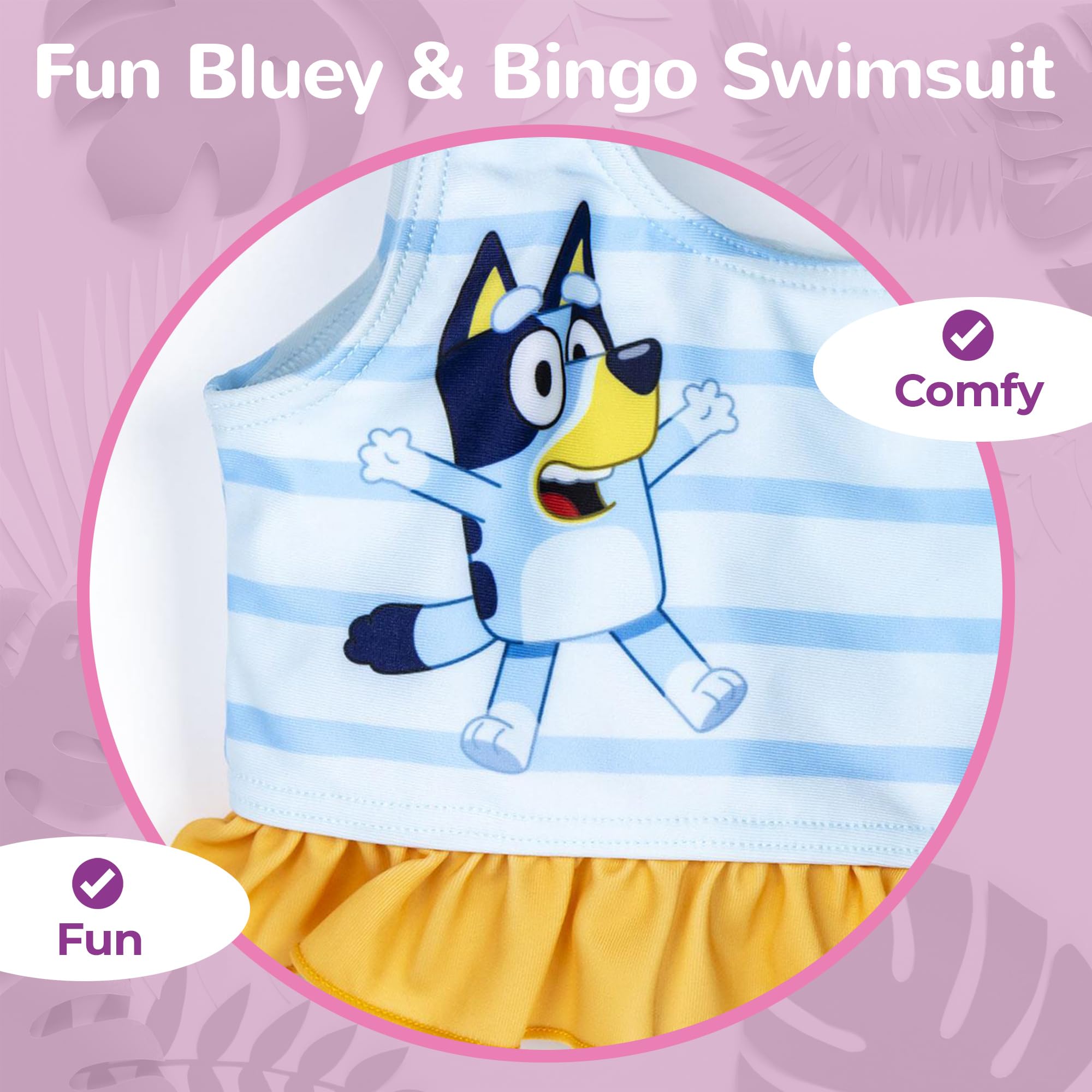 Bluey Officiel – Bikini Fille 2 Pièces avec Volants, Maillot de Bain Rayé Bleu Clair et Jaune, Motifs Bluey & Bingo, Confortable et Léger, Idéal pour Plage, Piscine et Vacances d'Été