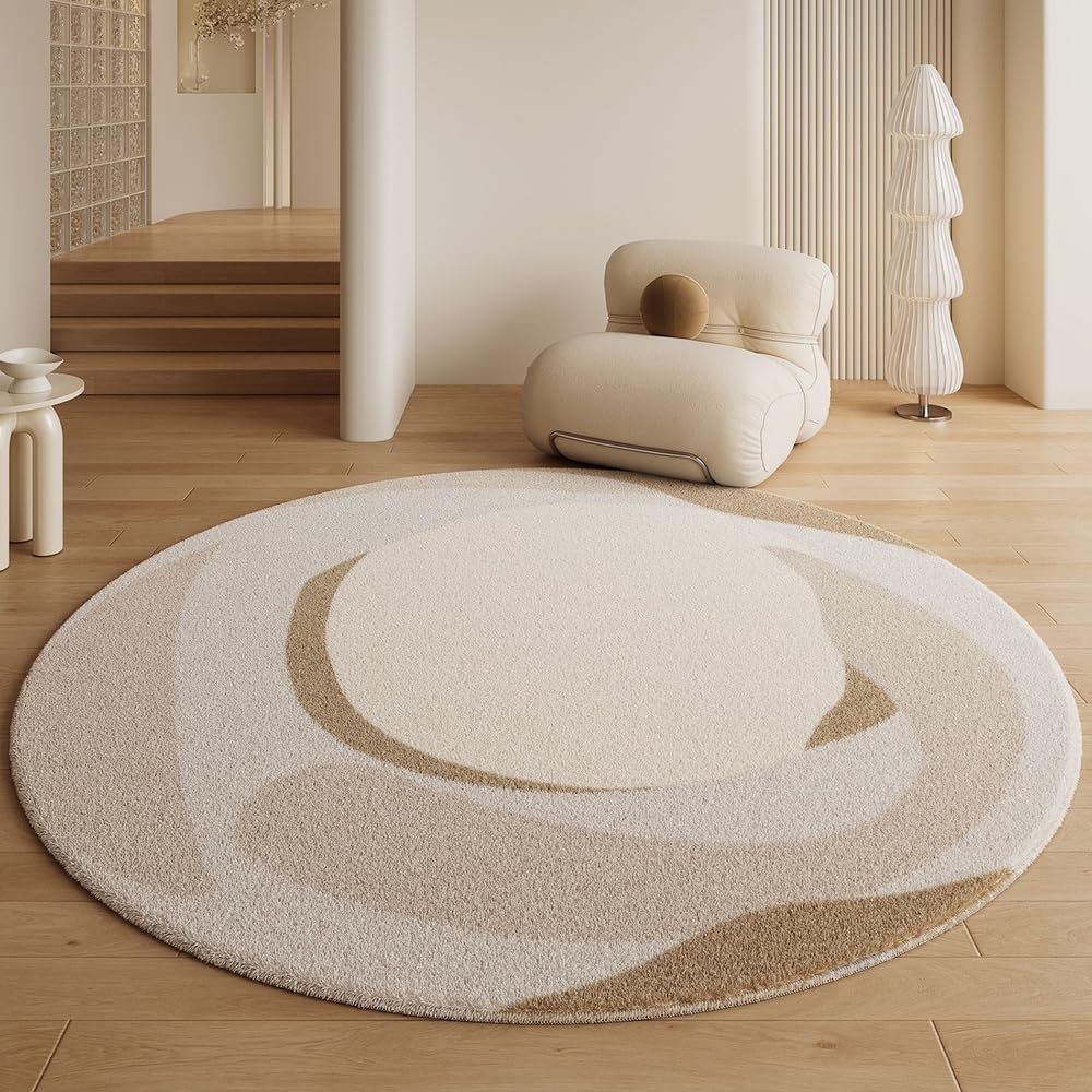 Tapis salon beige poils courts imitation cachemire rond 160x160 cm pour chambre