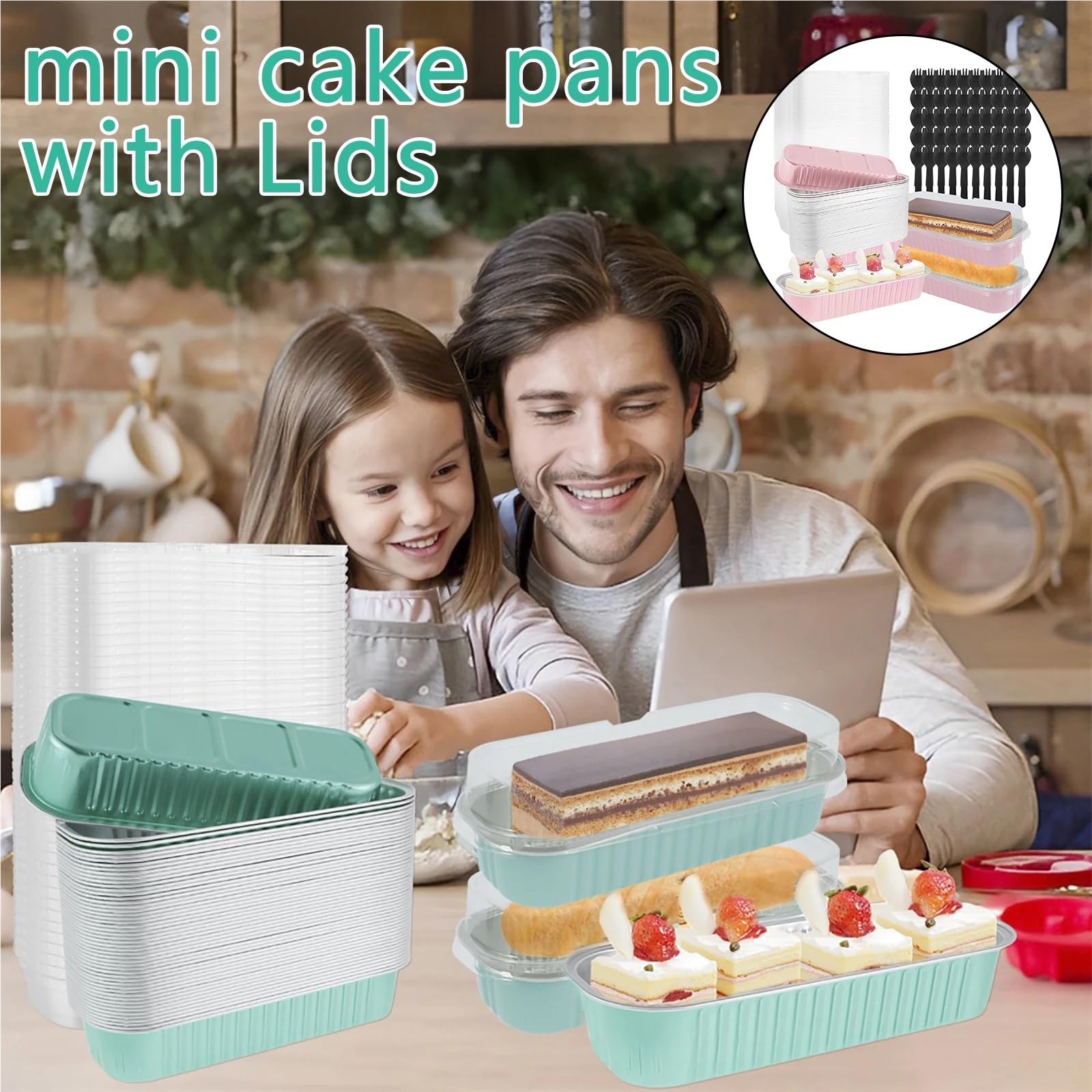 Juego de 50 mini moldes for pasteles con tapas y tenedores, rectangulares aluminio 200 ml for hornear, for pan portátiles Tazas De Papel De Pastel(Pink)