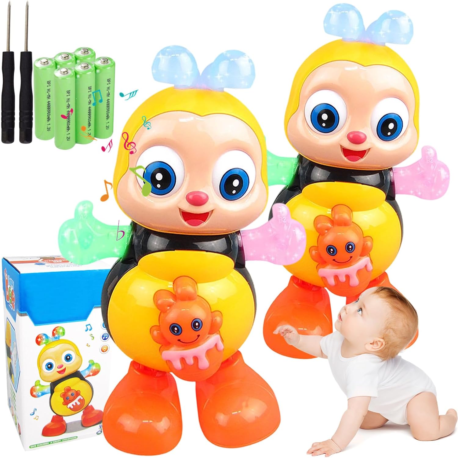 Electric Dancing Bee Toy, with Music & LED Lights, 3 Rechargeable Batteries (2Set)
