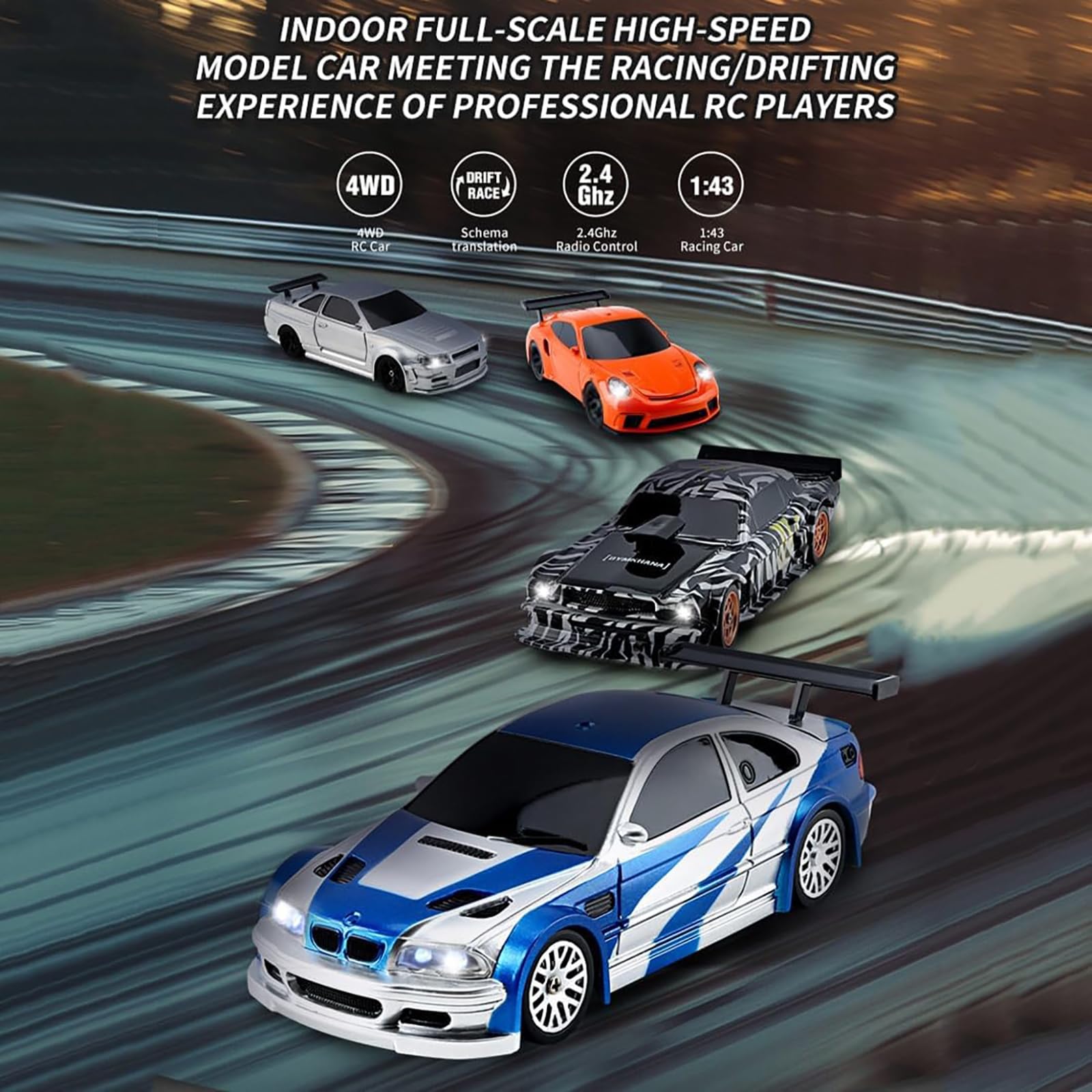 1/43 Mini RC Drift Car Gyro, 2.4G 4WD 15KM/H w pełni proporcjonalny model elektrycznego samochodu wyścigowego RC ze światłami LED, zdalnie sterowany pojazd dla dorosłych,Silver