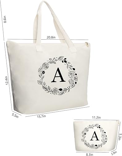 Miniatura 10 de Bolsa de lona personalizada con inicial con cremallera, bolsa de regalo con bolsillo interior y bolsa de maquillaje, gran regalo para mujeres, mamá,