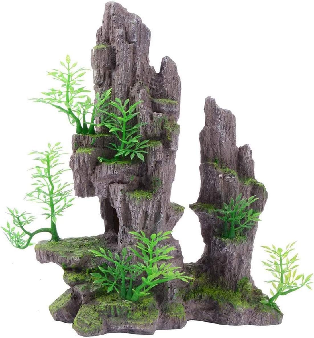 MC MEICHUANG Aquarium Ornament Mountain View Stone Ornament Tree Rock Cave Fish Tank Decoration, Black Grey, L