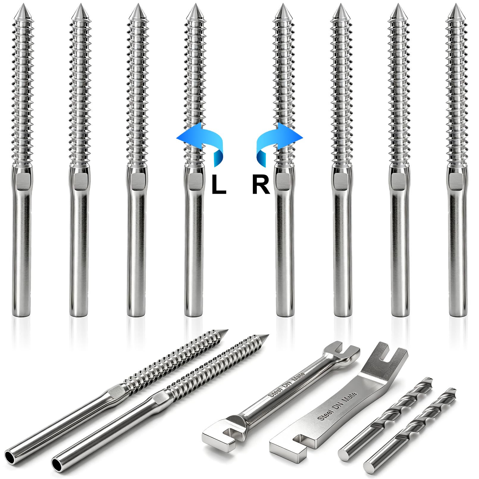 Steel DN Mate T316 Stainless Steel Right&Left Handed Thread Swage Lag Screws for Wood Post of 1/8" Cable Railing Kit, Deck Railing Hardware/Stair Deck Railing,DIY Wood Baluster Kit, 50 Pairs 100 Packs — image 1