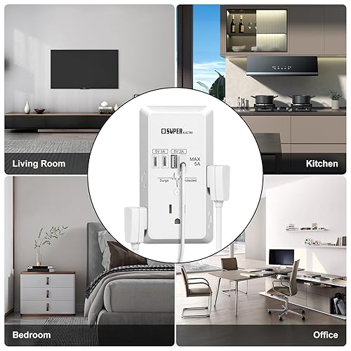 Miniatura 6 de Extensor de salida, cargador de pared USB, protector de sobretensiones, extensor de 5 salidas con 4 puertos de carga USB (5 V 5 A), adaptador de