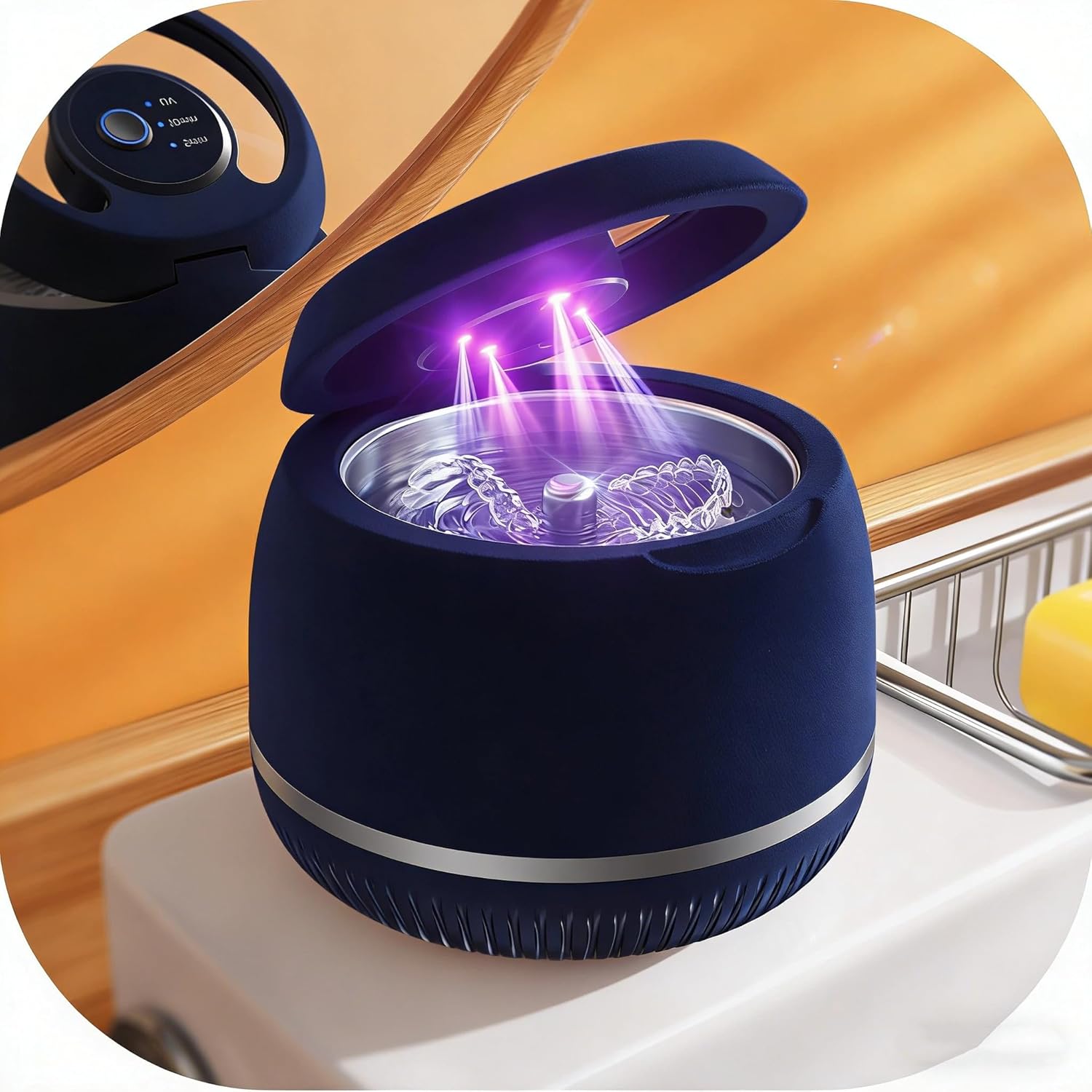 Beser Ultrasonic Retainer Cleaner, 2X Clean, 4X Sterilize, Dental Retainer Cleaner Machine Pod for Aligner, Nightguard, Mouth Guard, Denture Cleaner, Oral Dental Care, IPX6, 200ML, Navy