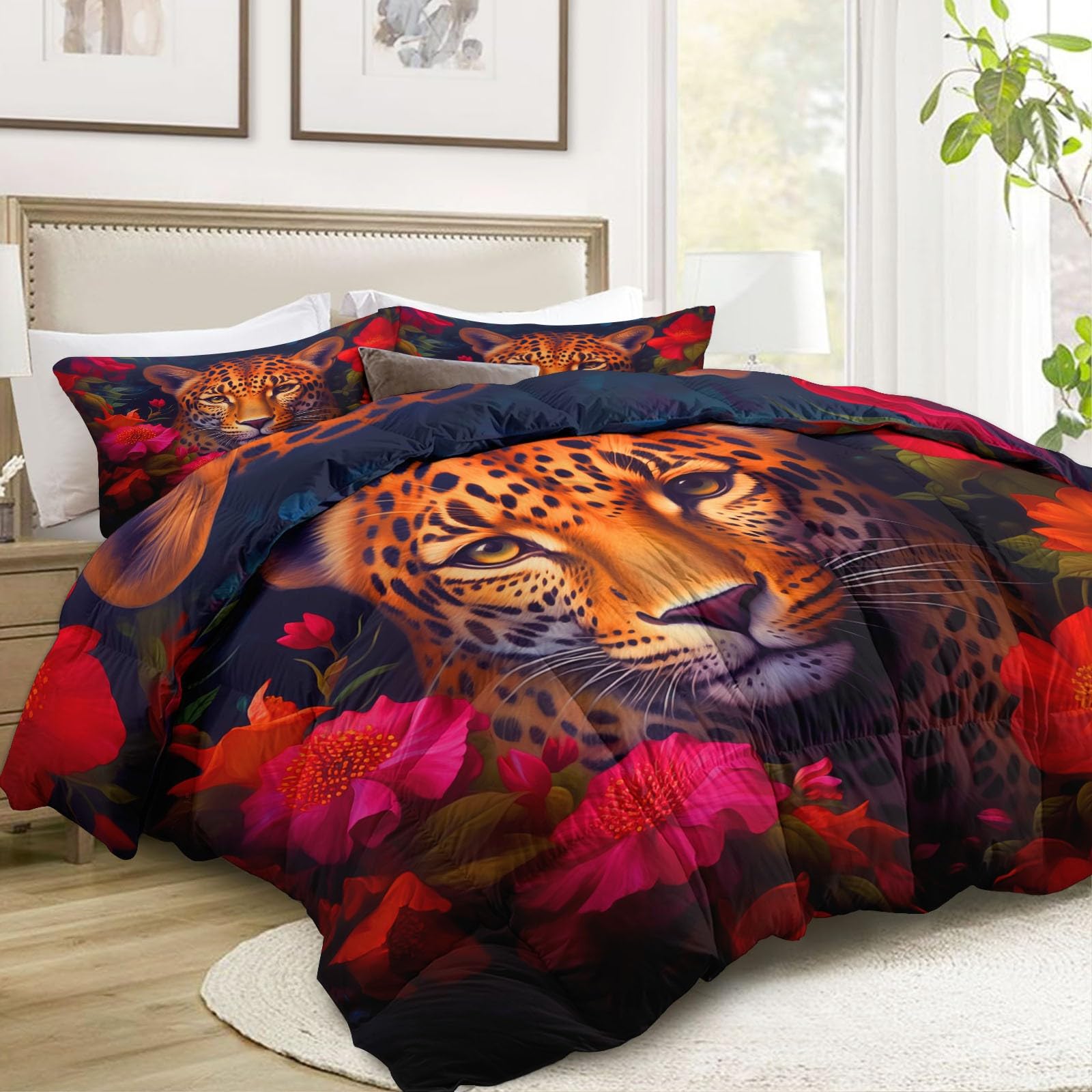 Kołdry z nadrukiem egzotyczne zwierzęta lampart kwiaty 160 x 200 cm pikowane kołdry 4 pory roku, czerwone dwustronne pikowane kołdry bity narzuta kołdra kołdra ciepłe grube miękkie