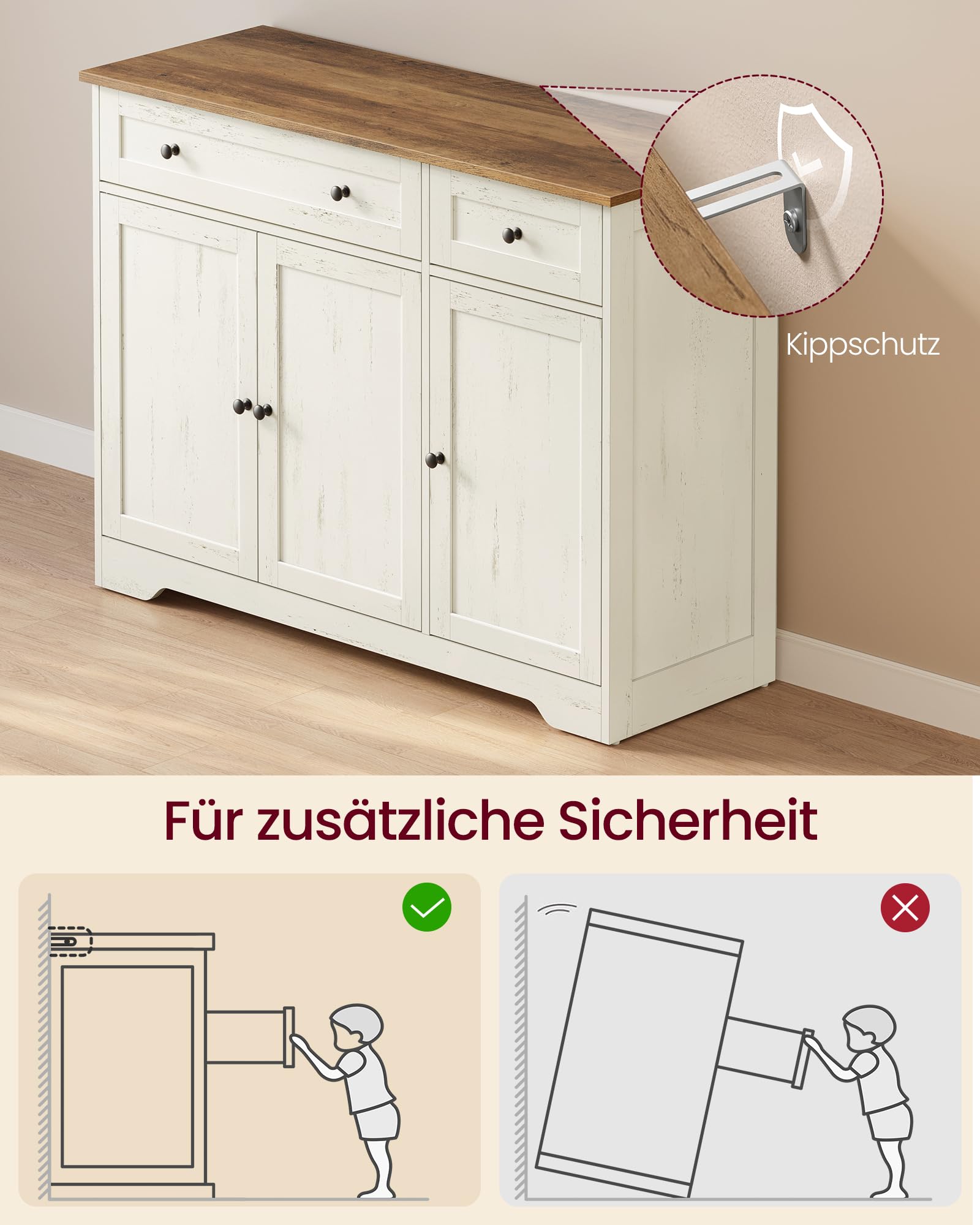 VASAGLE Siren Kollektion - Aufbewahrungsschrank, Küchenschrank im Landhausstil, Sideboard, 2 Schubladen, verstellbare Ablagen, 3 Türen, Kaffeebar, 40 x 106,8 x 80 cm, vintageweiß LSC531WJ01